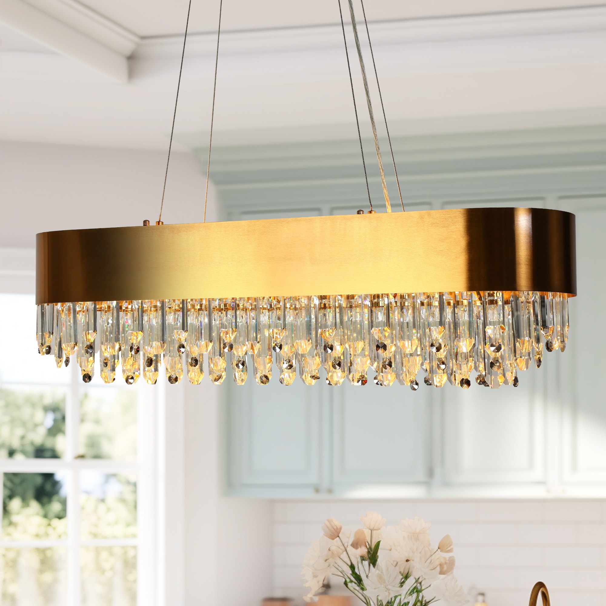 Elegant Brass and Crystal 10-Light Rectangular Chandelier