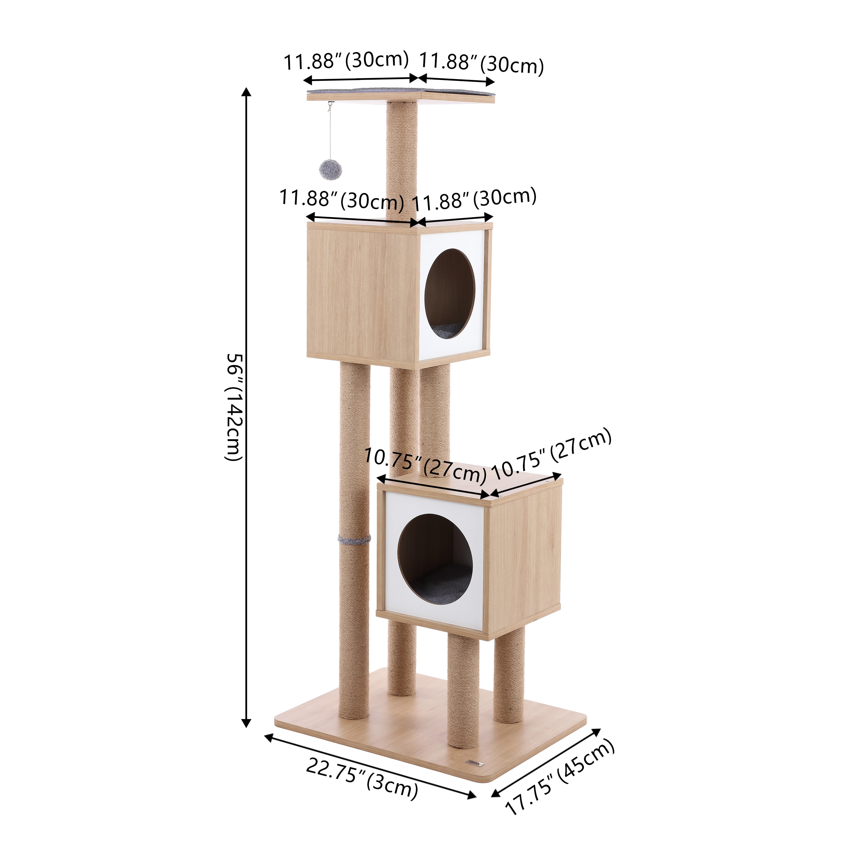Sawyer 56" 3-Tier Natural Wood and Jute Cat Tree Condo