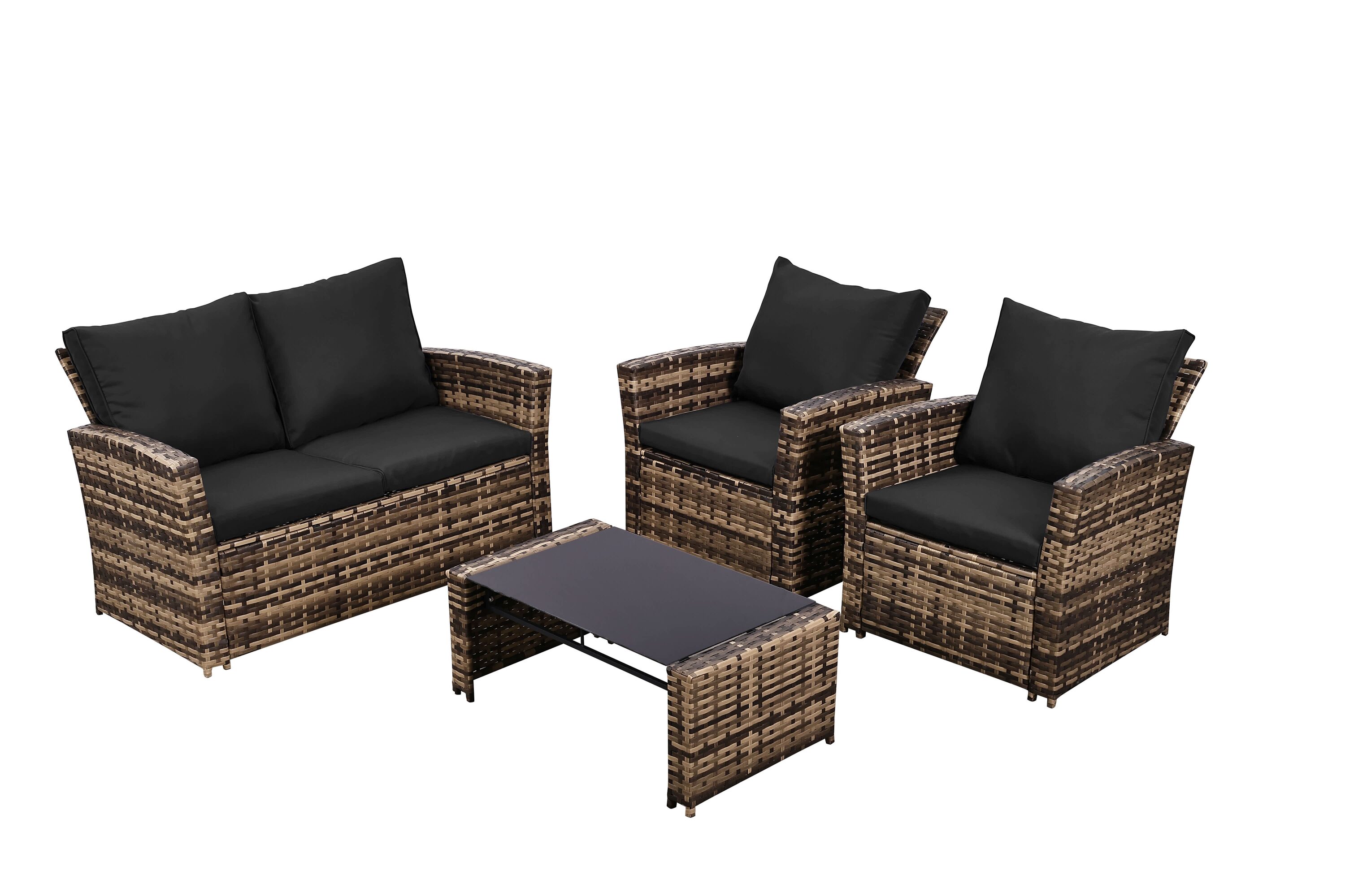 JCFL 4-Piece Brown Wicker Outdoor Rattan Patio Furniture Set Sectional Sofa with Black Cushions