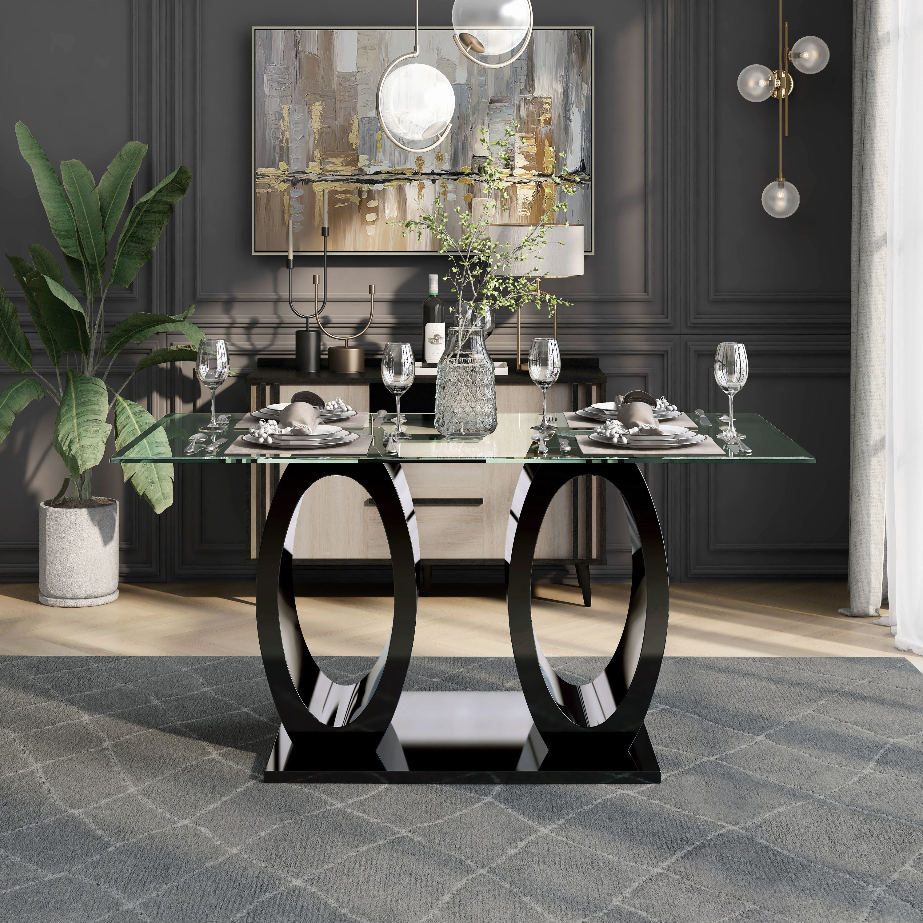 Furniture of America IDF-3825BK-T Gladewater High Gloss Black Contemporary/Modern Dining Table, Tempered Glass with Black Wood 63-in L x 30-in H