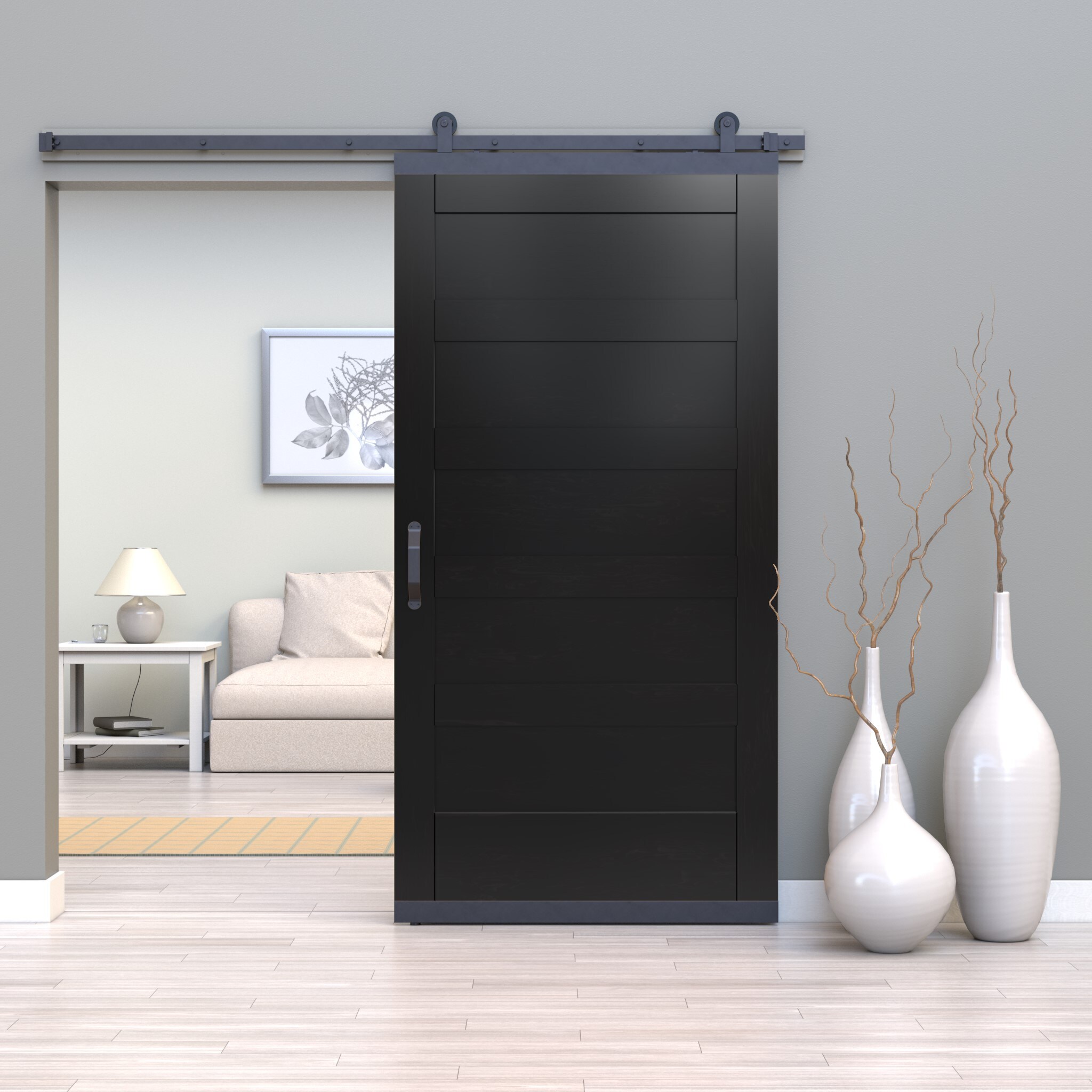 JELD-WEN 42-in x 80-in Black 5-bar Maple Wood Single Barn Door ...