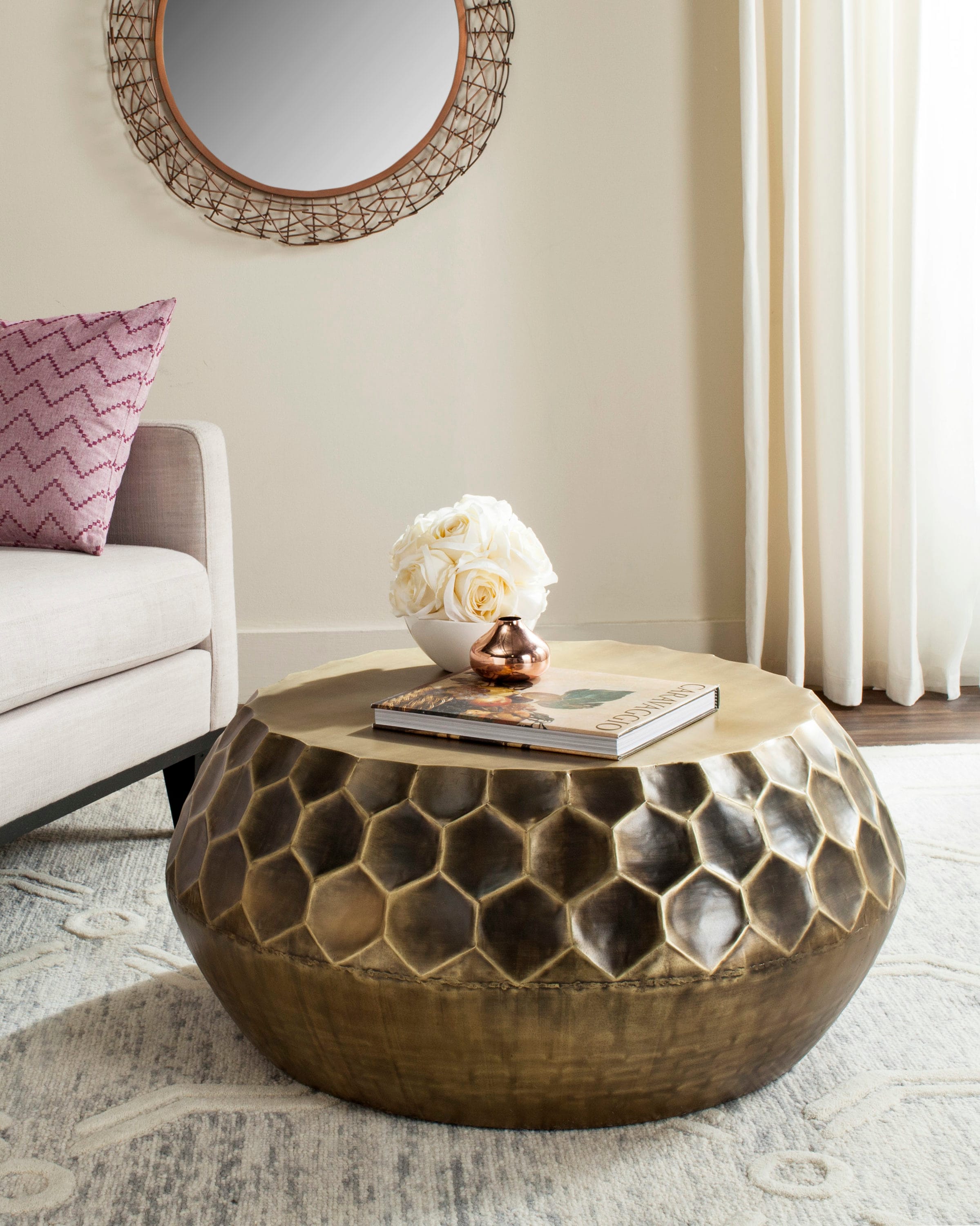 33" Transitional Antique Brass Round Metal Coffee Table