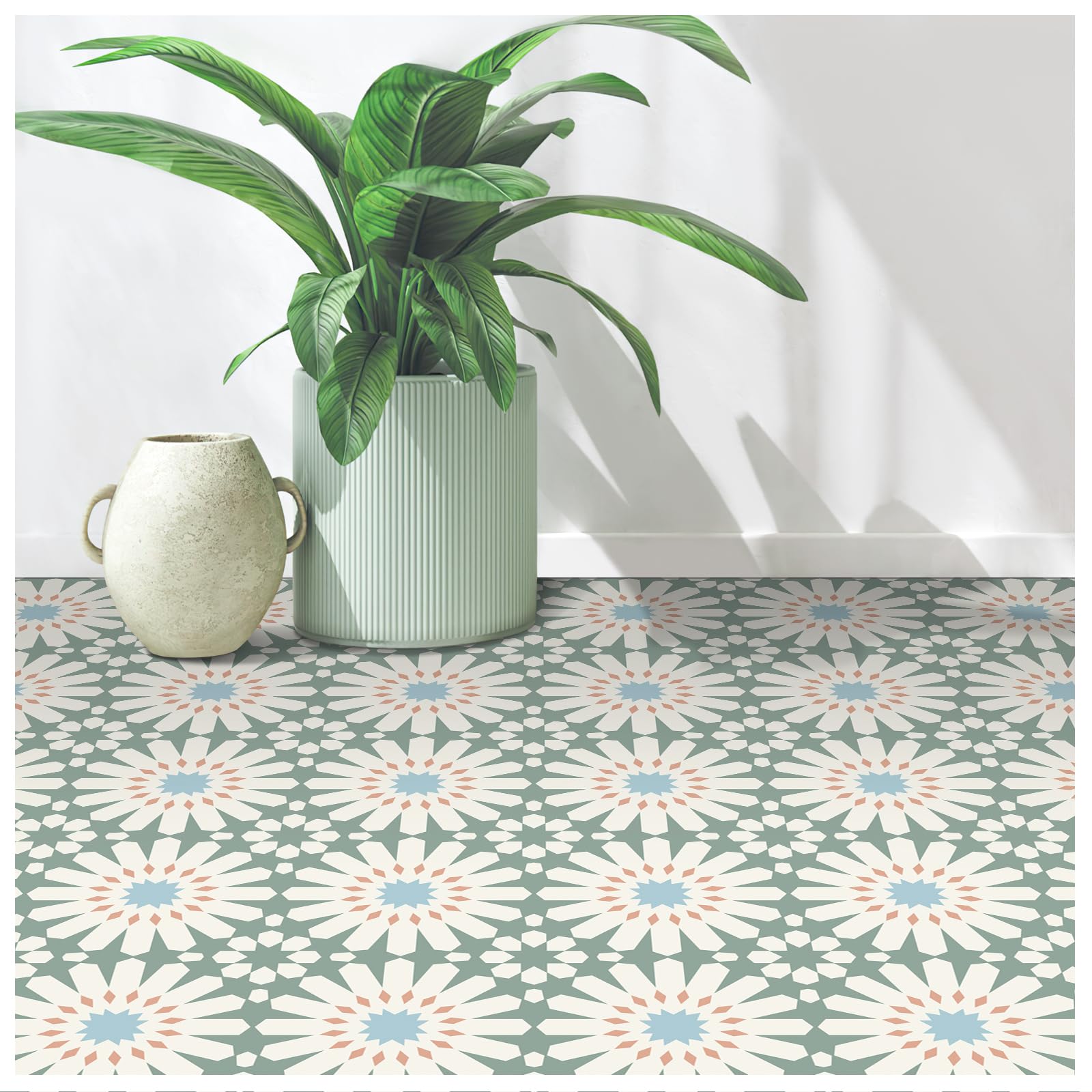 Phewnyzo Peel and Stick Floor Tile 20 pcs Vinyl Flooring Self Adhesive Waterproof Non Slip Green White Floral for Bathroom Kitchen Walls #LPW0724W341