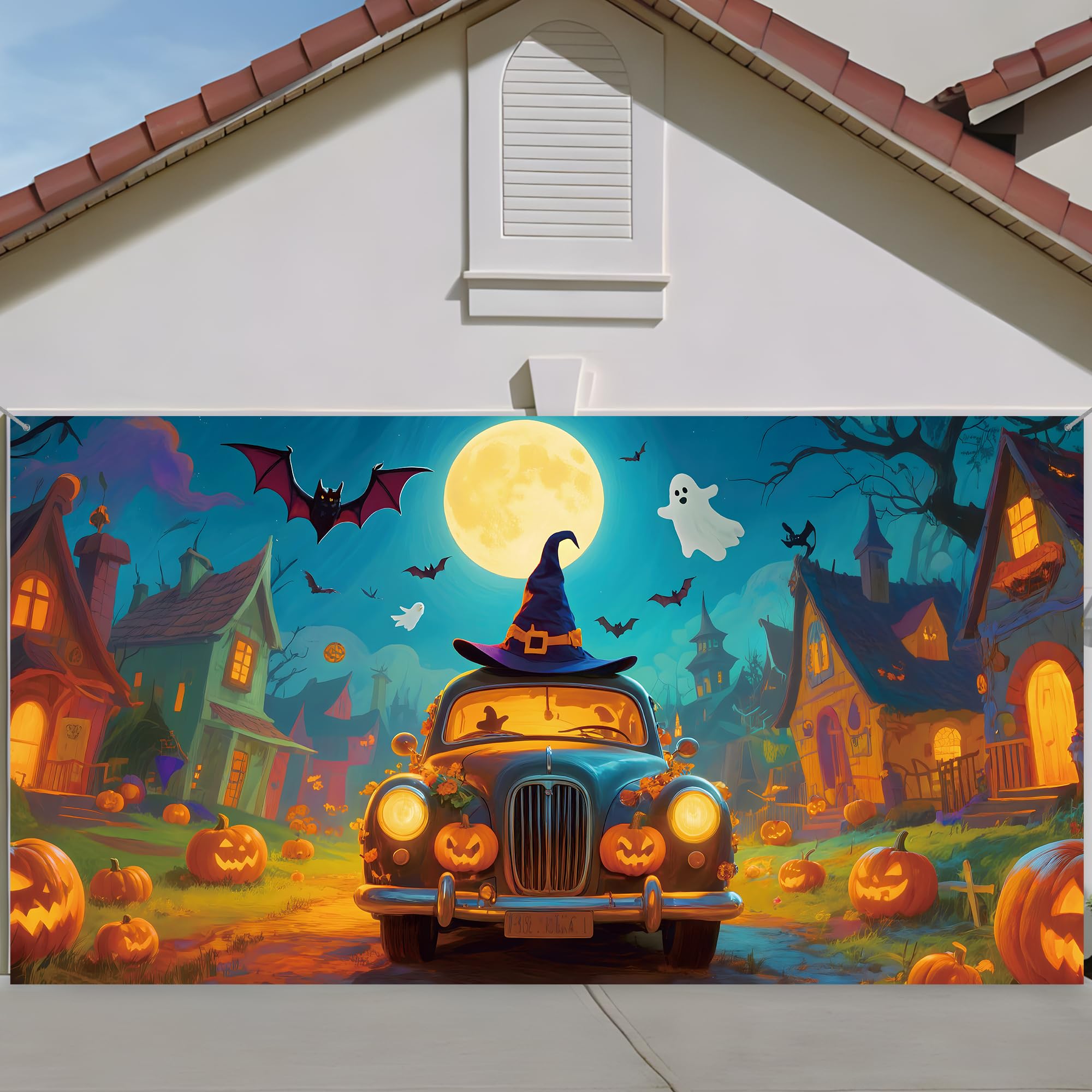 Phyfalip  Halloween Garage Door Banner Six by Thirteen Feet Large Hanging Backdrop with Ghost Pumpkin and Bat Decorations for Indoor Outdoor Party