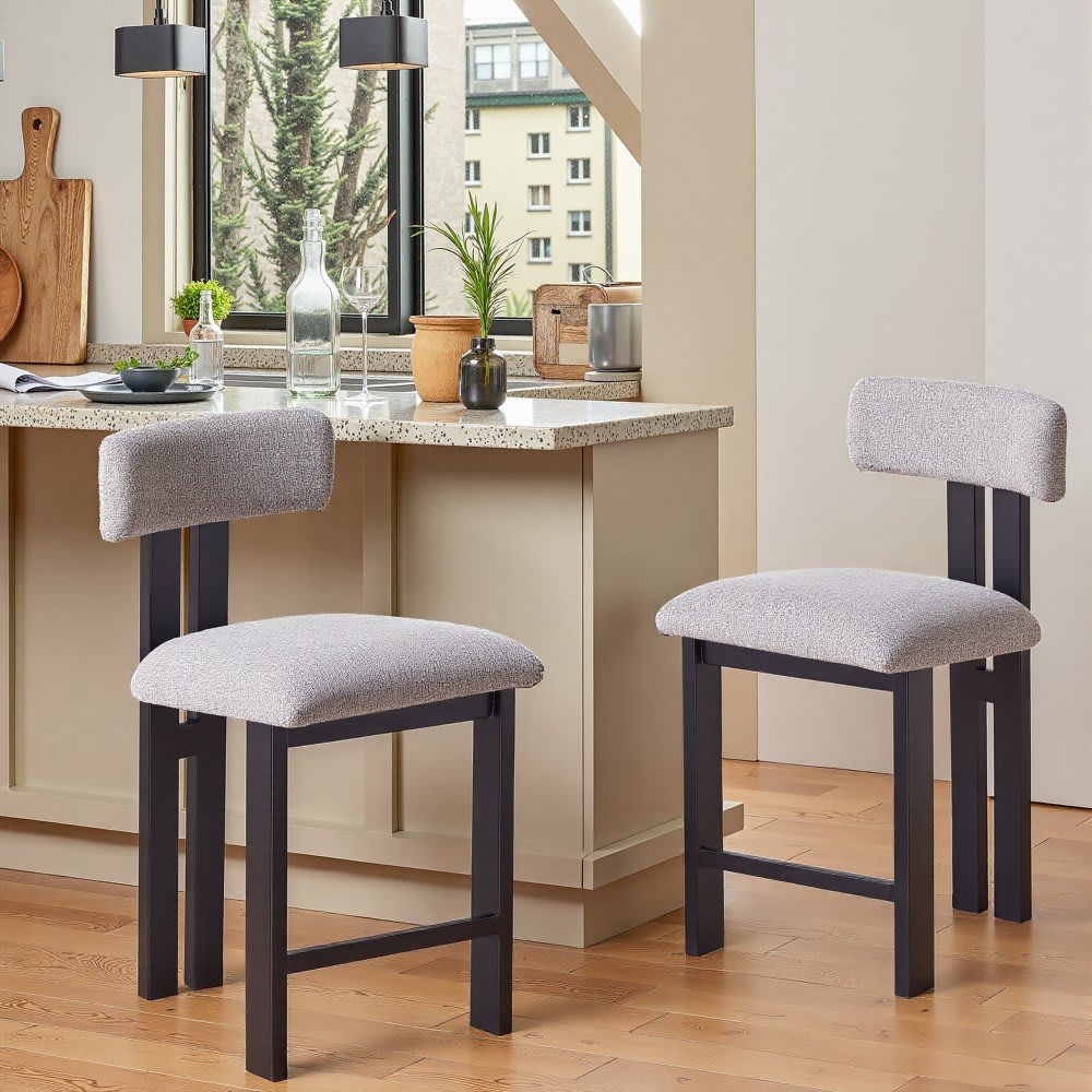 Coolbibila KALI-STOOLS-BLACK Set of 2 Modern Indoor Low Back Gray Upholstered Counter Stools with Black Metal Frame for Kitchen
