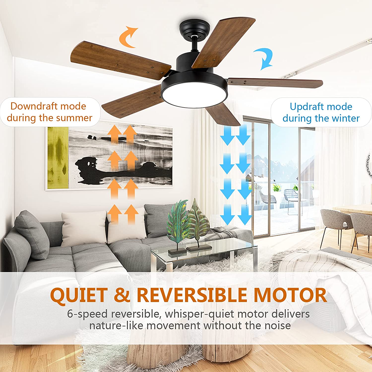 WELLFOR Multi LED Ceiling Fan 44-in Brown Integrated LED Indoor Ceiling ...