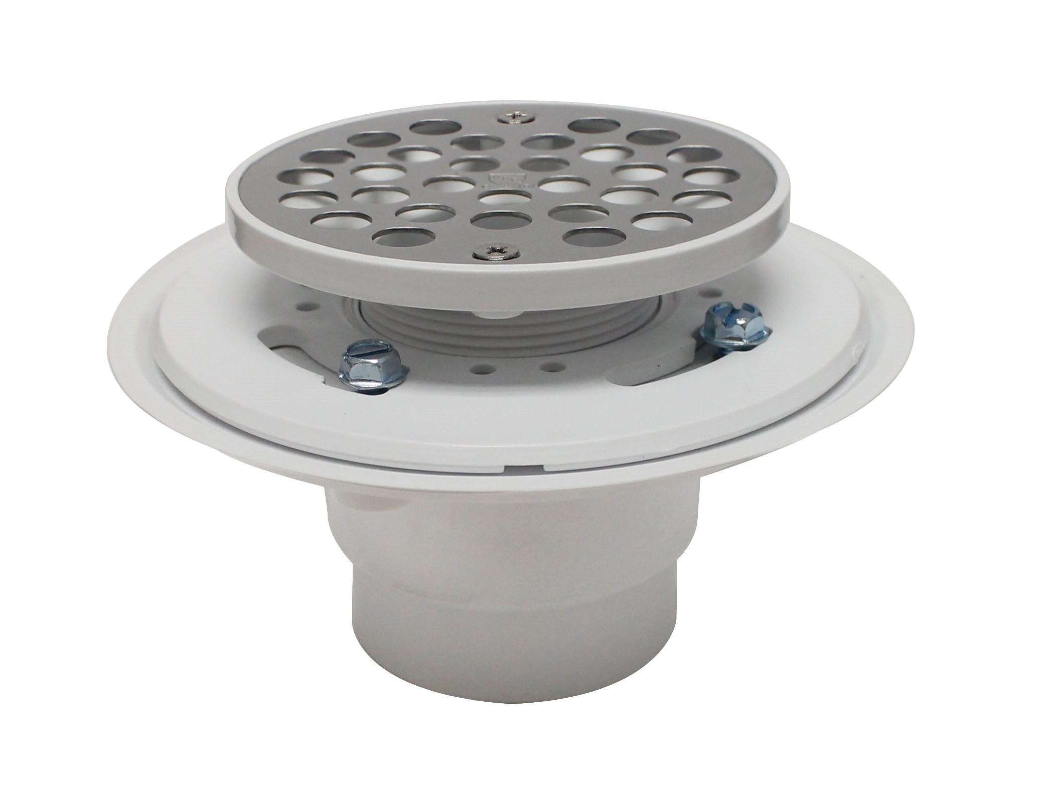 Round No-Caulk White PVC Shower Drain with 4-1/4 in. Round Snap-In  Stainless Steel Drain Cover