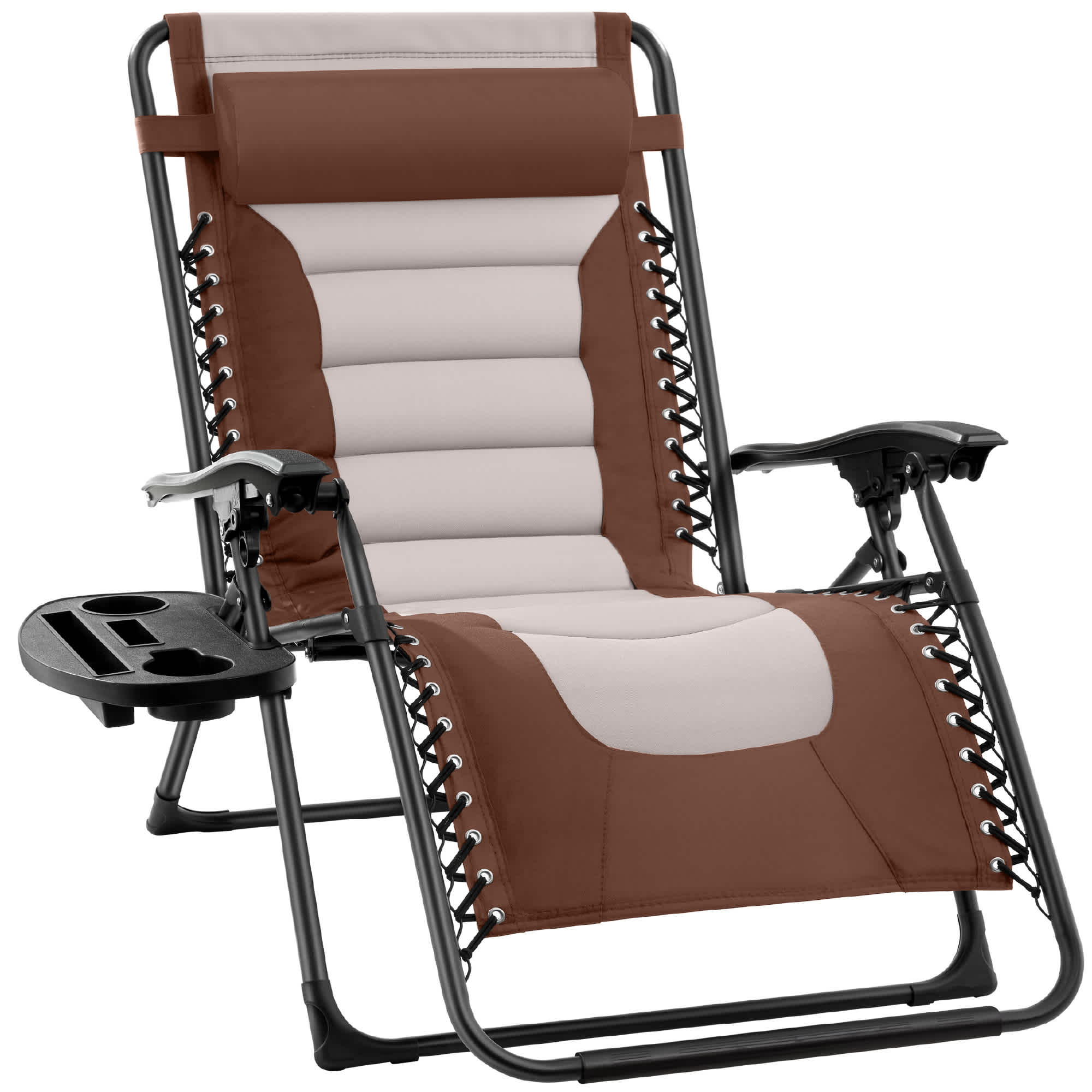 Best Choice Products SKY7287 Oversized Padded Zero Gravity Chair Folding Outdoor Patio Recliner w/ Side Tray - Brown/Taupe