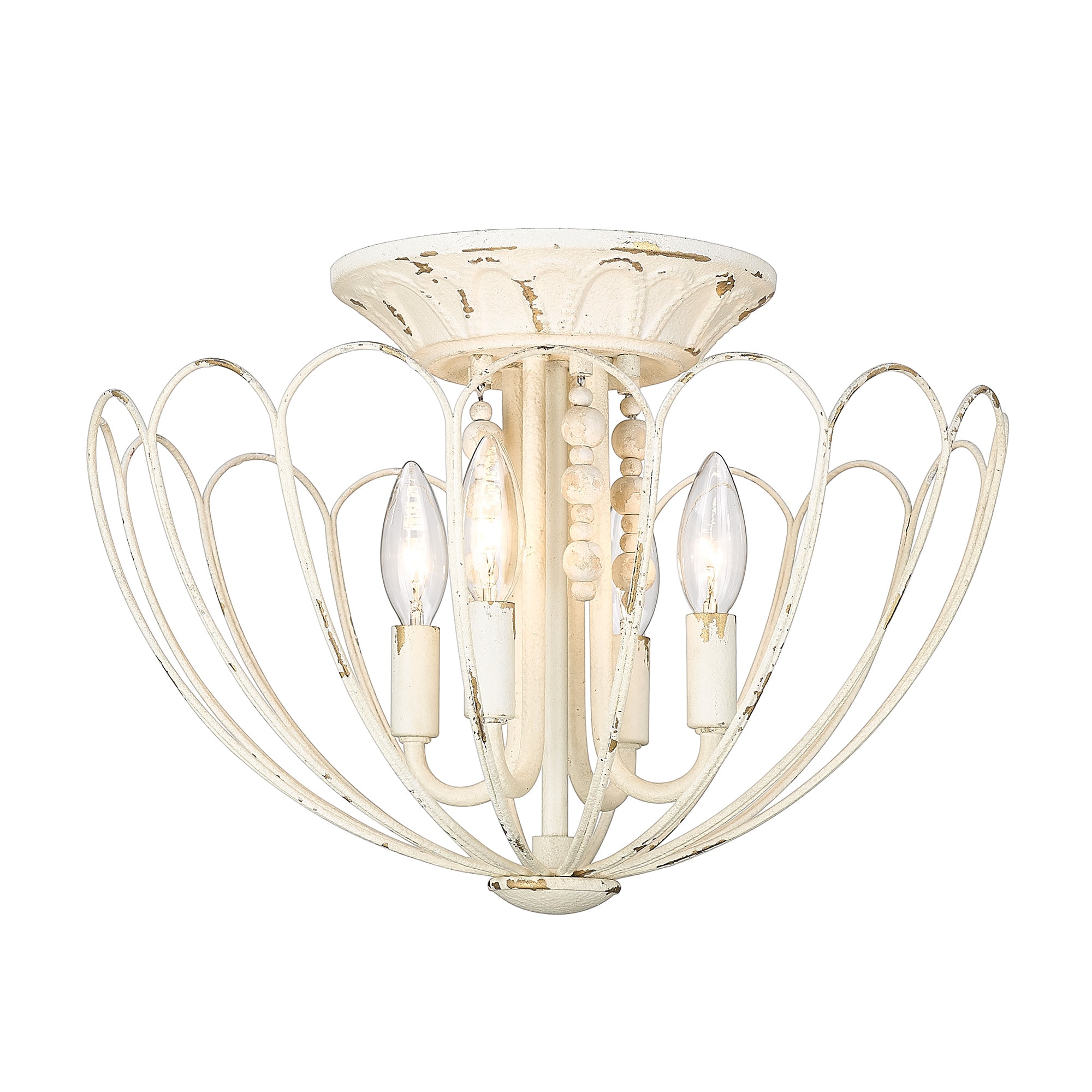Vintage White 4-Light Semi-Flush Mount with Wood Beads