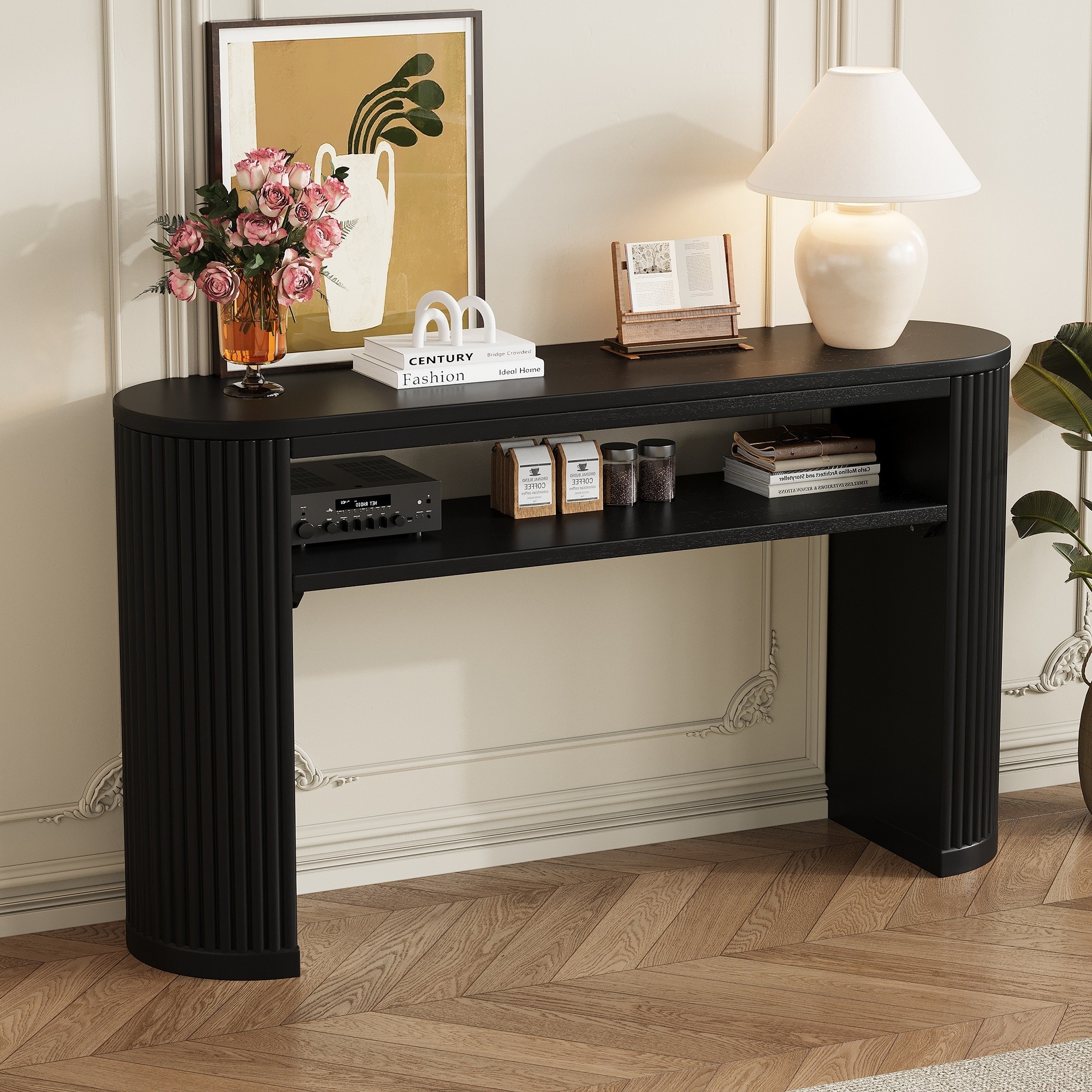 UOI 53 inch x 14 inch x 30 inch Black Ash Veneer and MDF Rustic Console Table with Fluted Legs and Open Shelf