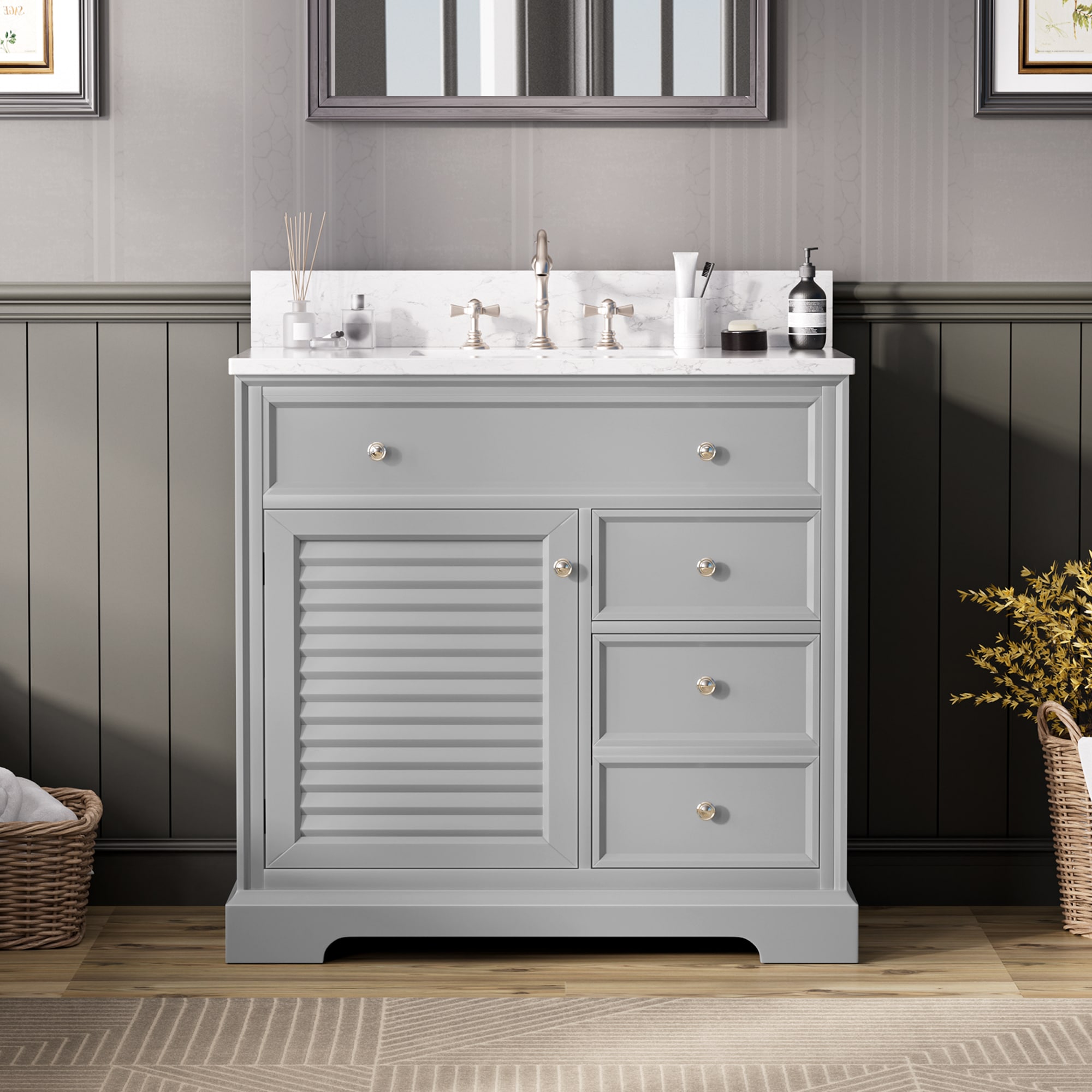JEAREY JE-12FTTJWT-GR Modern 36-in Gray Single Sink Bathroom Vanity with White Marble Top
