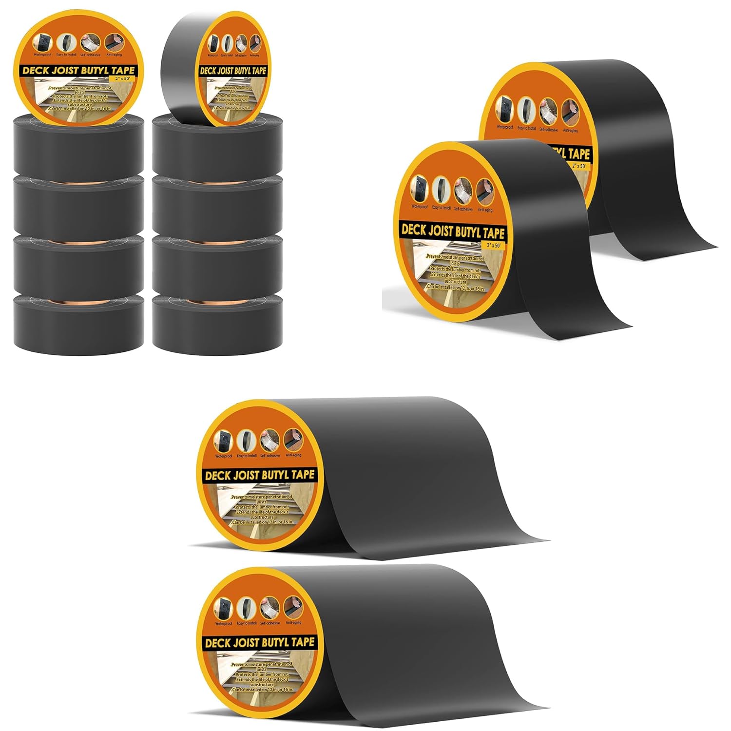 JOAPRIL 4 inch 2 Pack 6 inch 2 Pack and 2 inch 10Pack Deck Joist Tape Waterproof Seal Butyl Deck Tape Weather Resistance Self Adhesive Flashing Tape