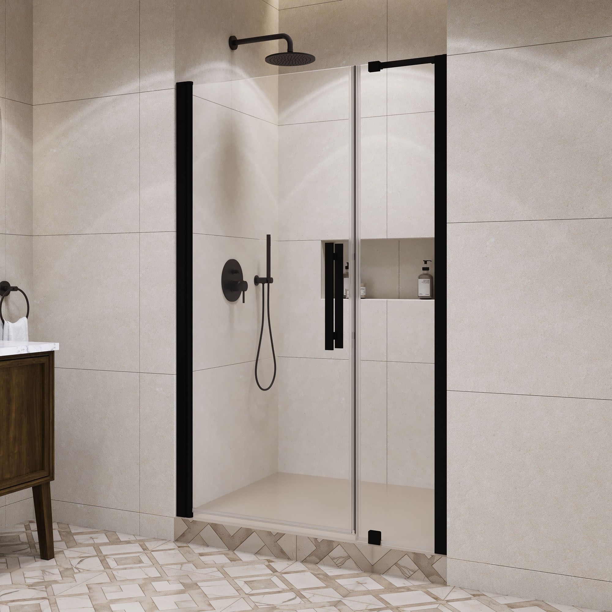 OVE Decors 15SGP-PASA47-BLK Pasadena Matte Black 45-7/16-in to 47-3/8-in W x 72.01-in H Frameless Clear Glass Pivot Shower door
