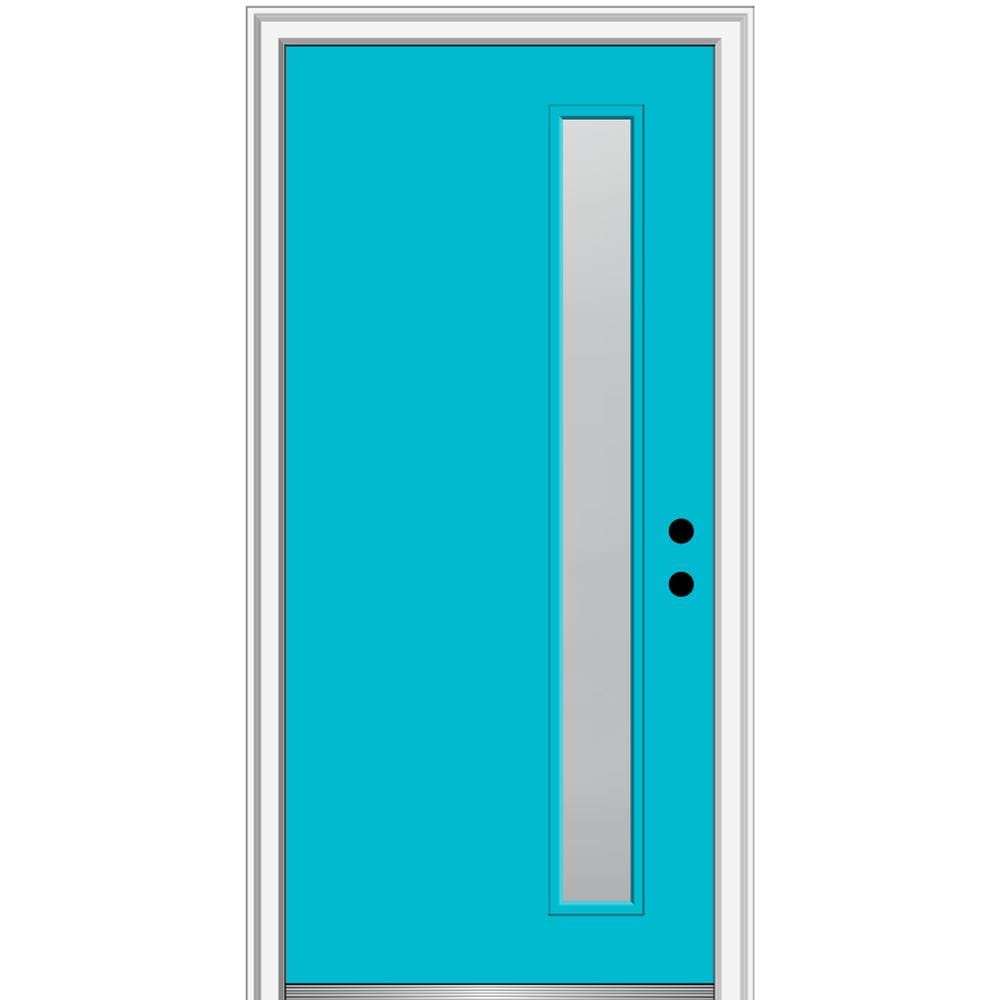 MMI DOOR ZZ349748L Spotlights 30-in x 80-in x 6-9/16-in Fiberglass Pulse lite Left-hand inswing Bahama Blue Painted Prehung Front Door with Brickmould Insulating core