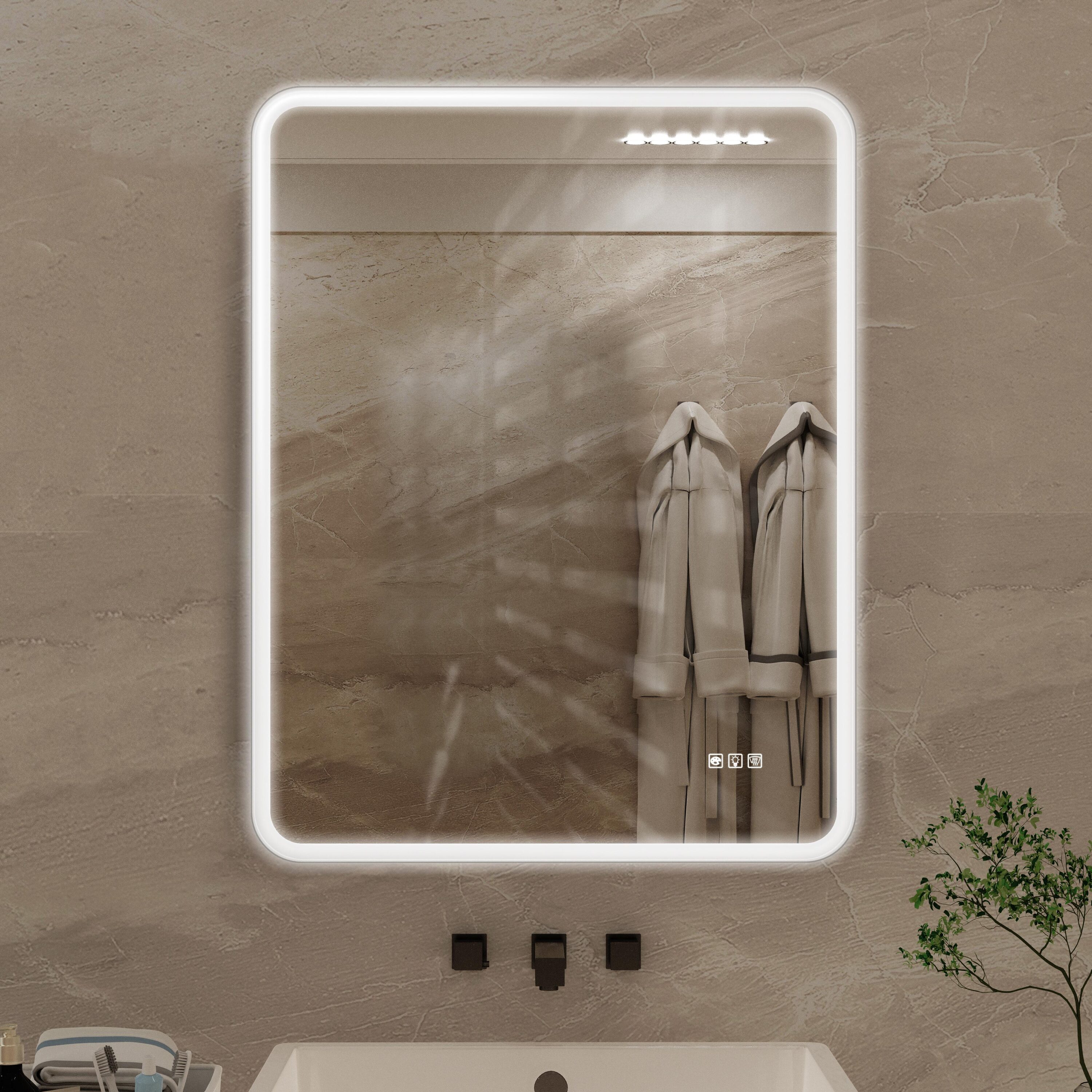 Bayfeve BF-195766-MIR Bathroom Vanity Mirror 28-in x 36-in Framed Rectangle Dimmable LED Lighted Fog Free Bathroom Vanity Mirror ( Matte White )