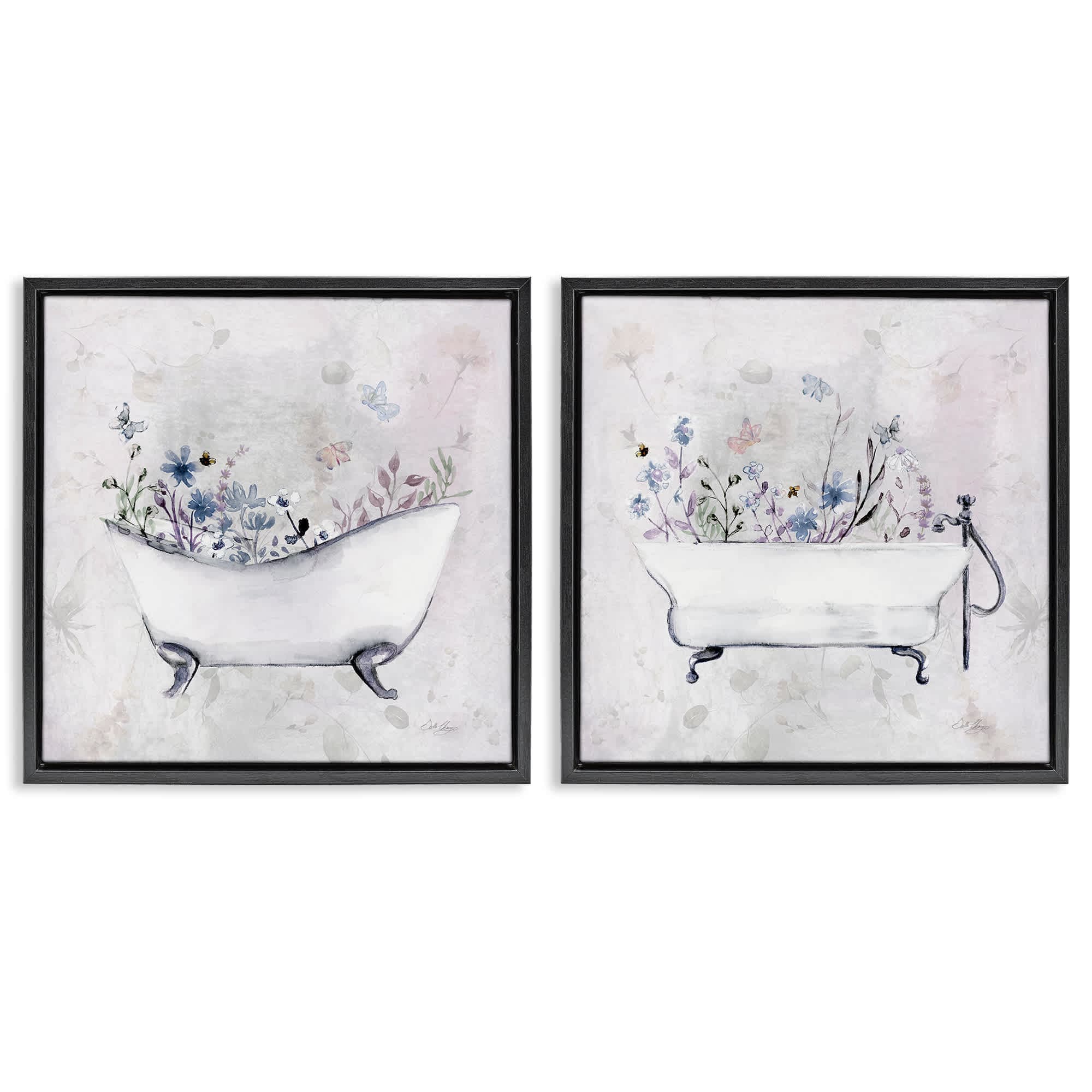 Stupell Industries B2-725-FFB-2PC-24X24 Antique Tubs with Botanics 2 Piece Black Framed Floater Canvas Set By Stella Chang 25 x 25