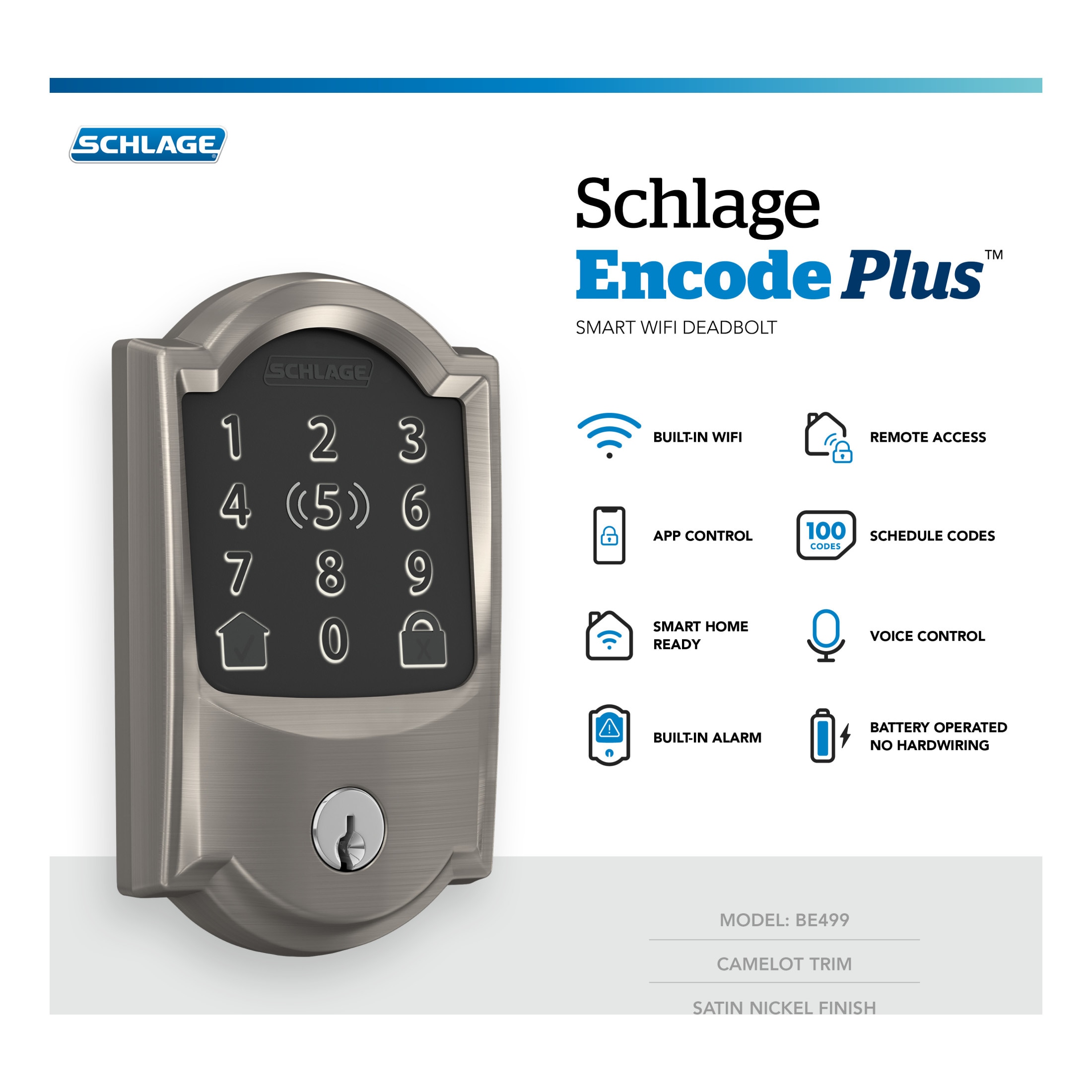 Schlage Encode Plus Camelot Satin Nickel Wifi Bluetooth Single Cylinder Electronic  Deadbolt Lighted Keypad Touchscreen Smart Lock at