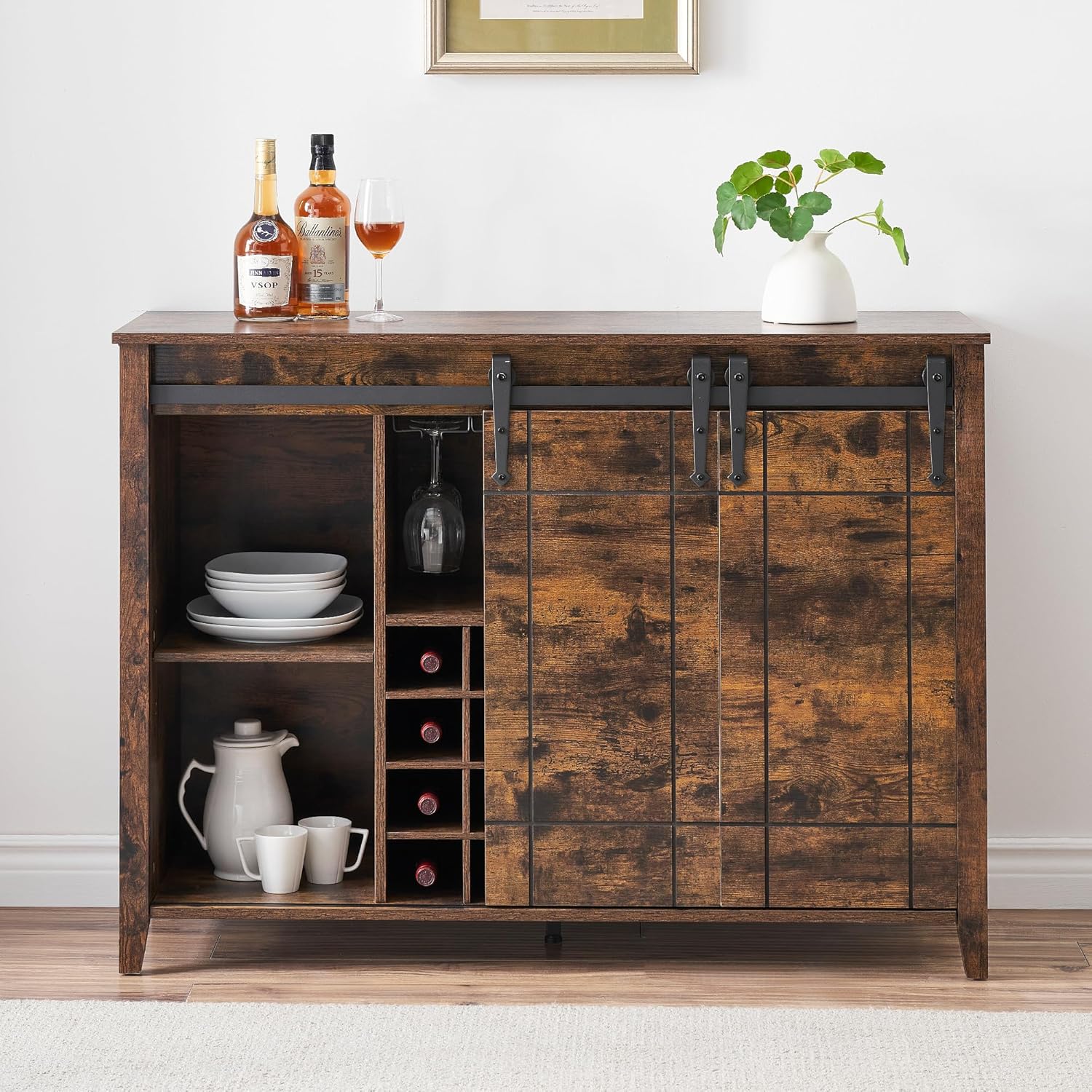 Qeetex DHZ-PHO-0ZCNV5JC Farmhouse Wine Cabinet with Storage with Sliding Barn Door Buffet Sideboard Cabinet with 16 Bottle Wine Rack for Dining Coffee Bar Cabinet for Dining Room
