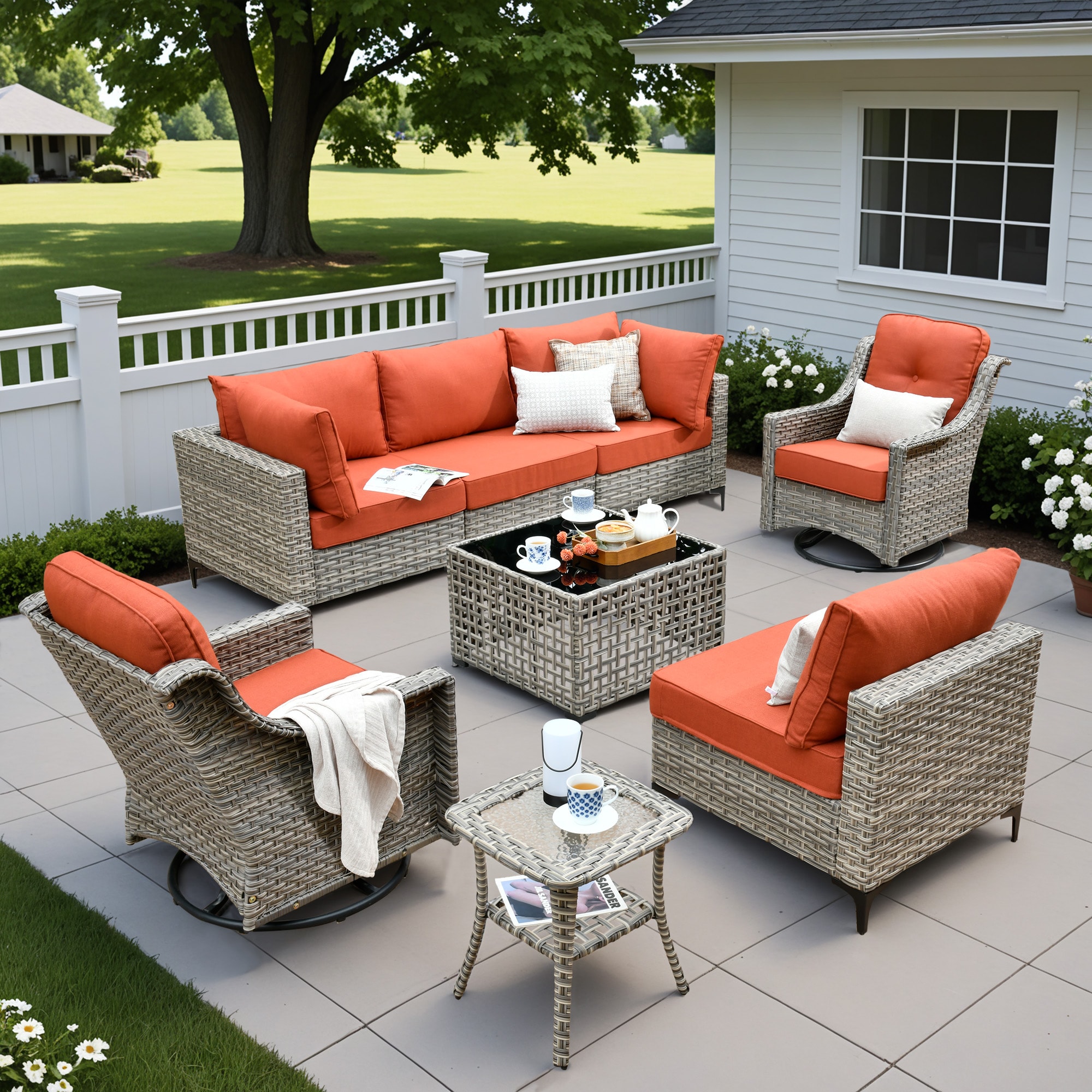 ALTRIGUS 6L-YZSKT80C8-AL 8 -Piece Wicker Patio Sofa Conversation Set with Orange Cushions