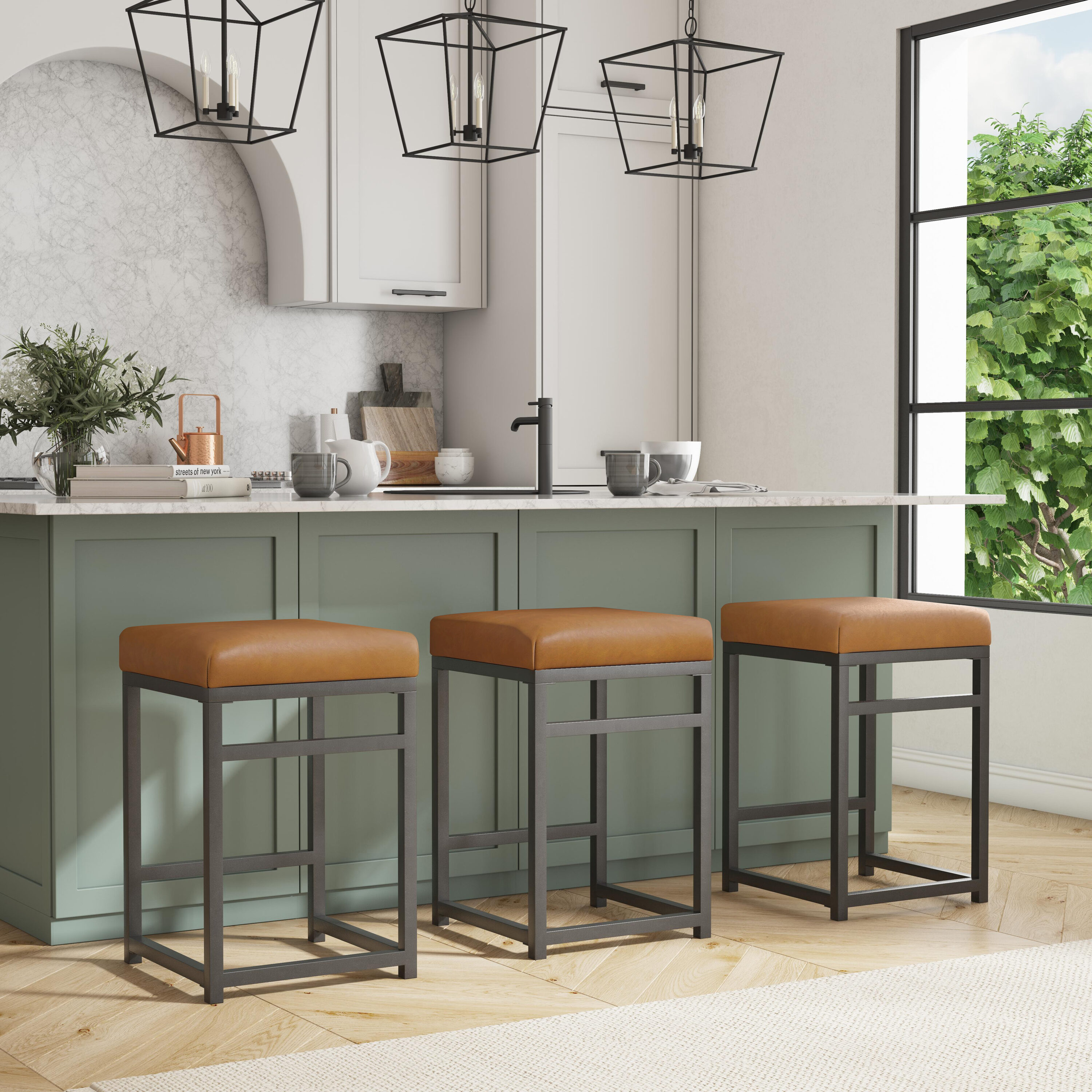 HomePop K7651.24-E905 1 Barstool Carmel faux leather 24-in H Counter height Square seat Upholstered Metal Bar Stool