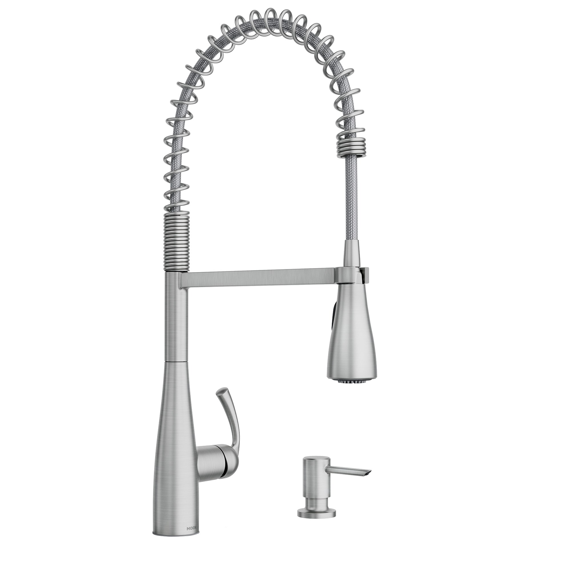 Moen 87814SRS Essie Spot Resist Stainless Single Handle Deck-mount Pre-rinse Kitchen Faucet with Sprayer ( Deck Plate Included ) (Soap Dispenser Included)