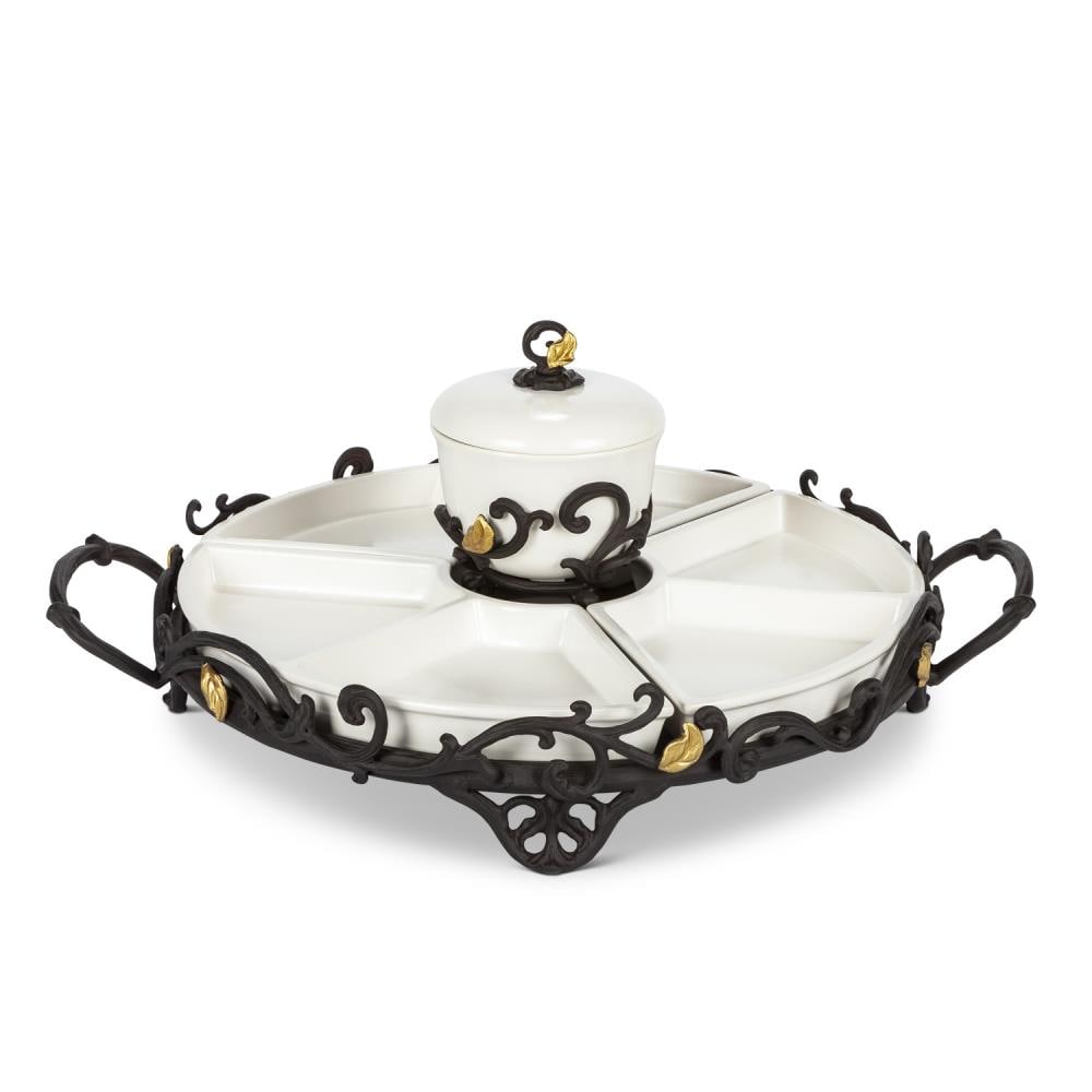 The GG Collection 94747 Gold Leaf Ceramic Tidbit or Crudite with 6 White Stoneware Sections and Dip Bowl, Espresso Brown Vine Base with Gold Leaf Accents