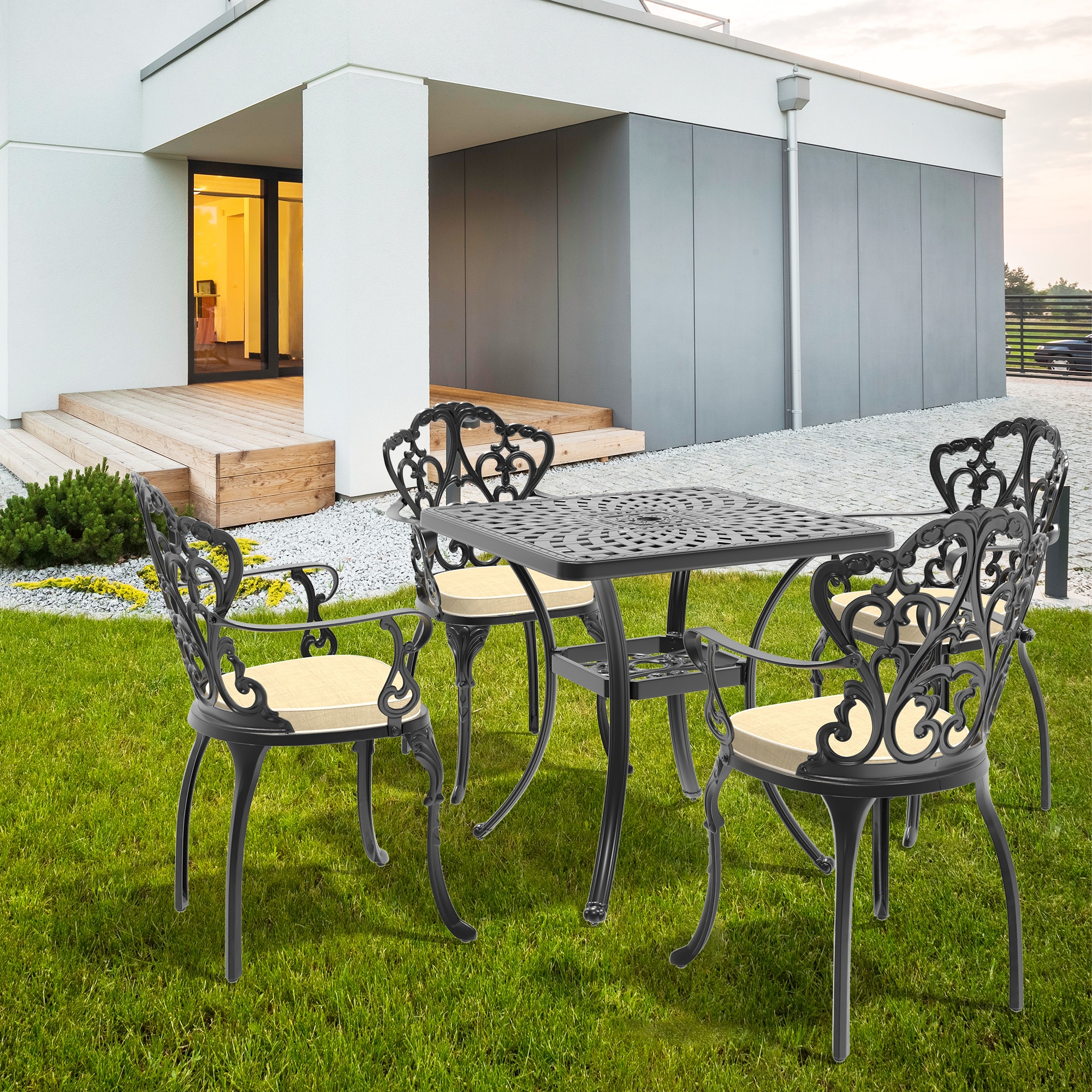 5-Piece Black Patio Dining Set Aluminum Square Table with 4 Off-white Cushions Stationary Chairs Polyester | - nicesure SLBK6047CZ4A1125RC