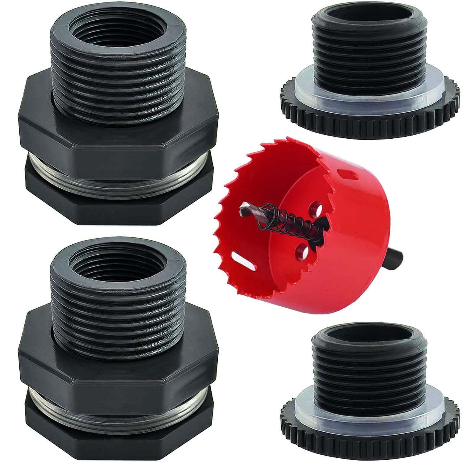 AOIZGMY  2 pcs Rain Barrel Bulkhead Fitting Kit 1 Inch with Plugs and Hole Saw Tool for Water Tank Aquarium Pool Pond Corrosion Resistant PVC