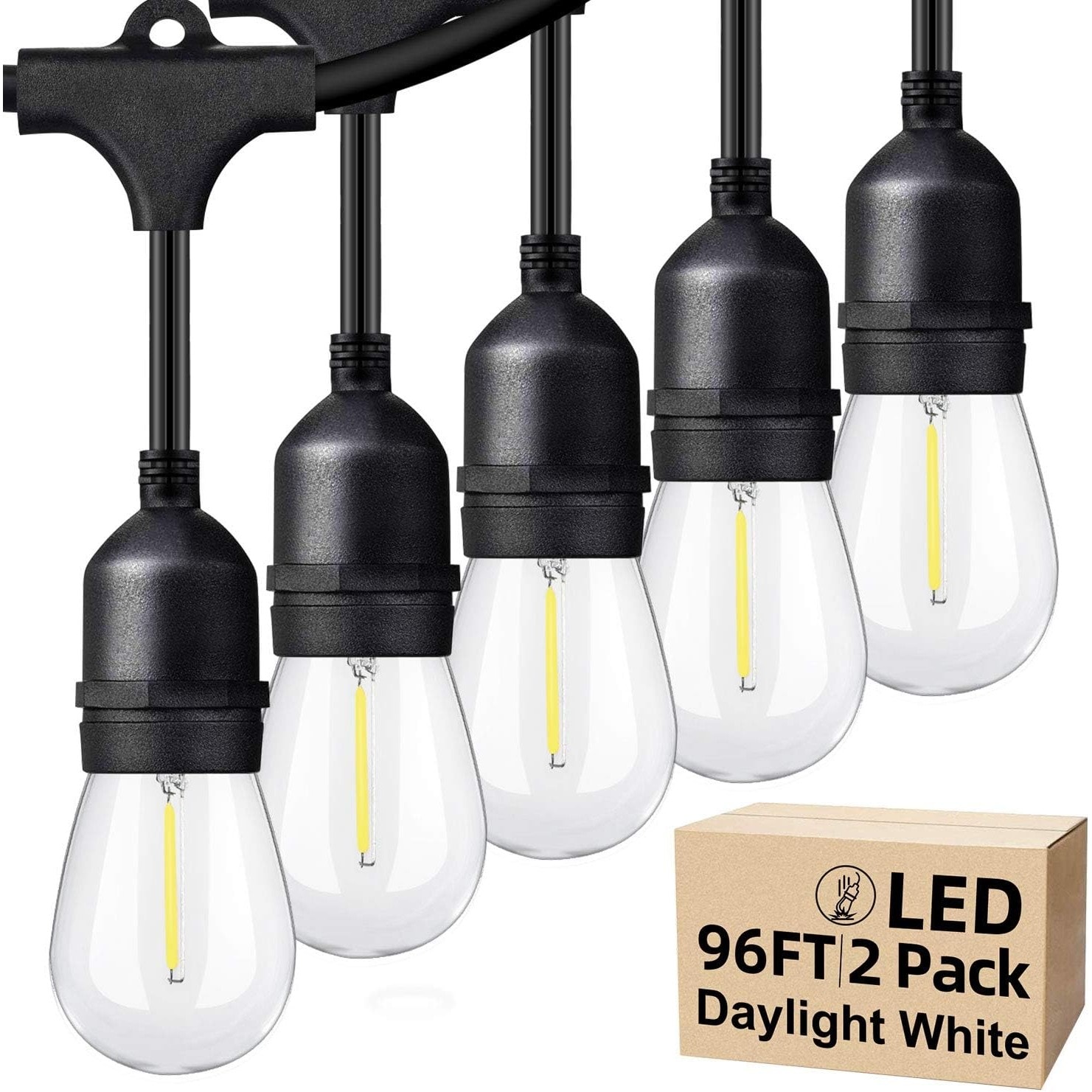 Slagawa  Black Daylight White 96 Feet Outdoor LED String Lights with Dimmable Waterproof Shatterproof 5000K E26 Bulbs 30 Sockets Commercial Grade for Patio Cafe Backyard