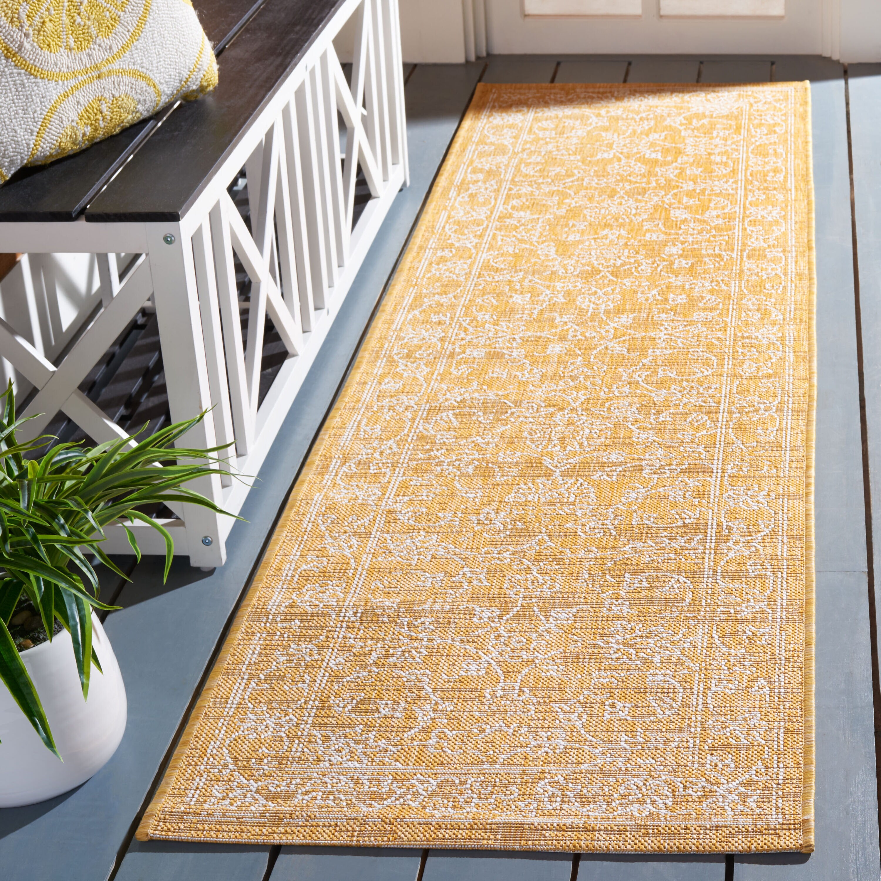 Safavieh CY8680-56021-28 Courtyard 2 x 8 (ft) Loomed Synthetic Gold/Ivory Rectangular Indoor/Outdoor Floral Tropical Runner rug