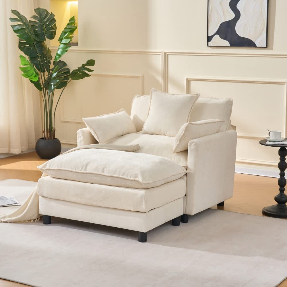 Coolbibila 39 in Modern Beige Oversized Upholstered Chenille Accent Chair with Ottoman Pillow Top Arms