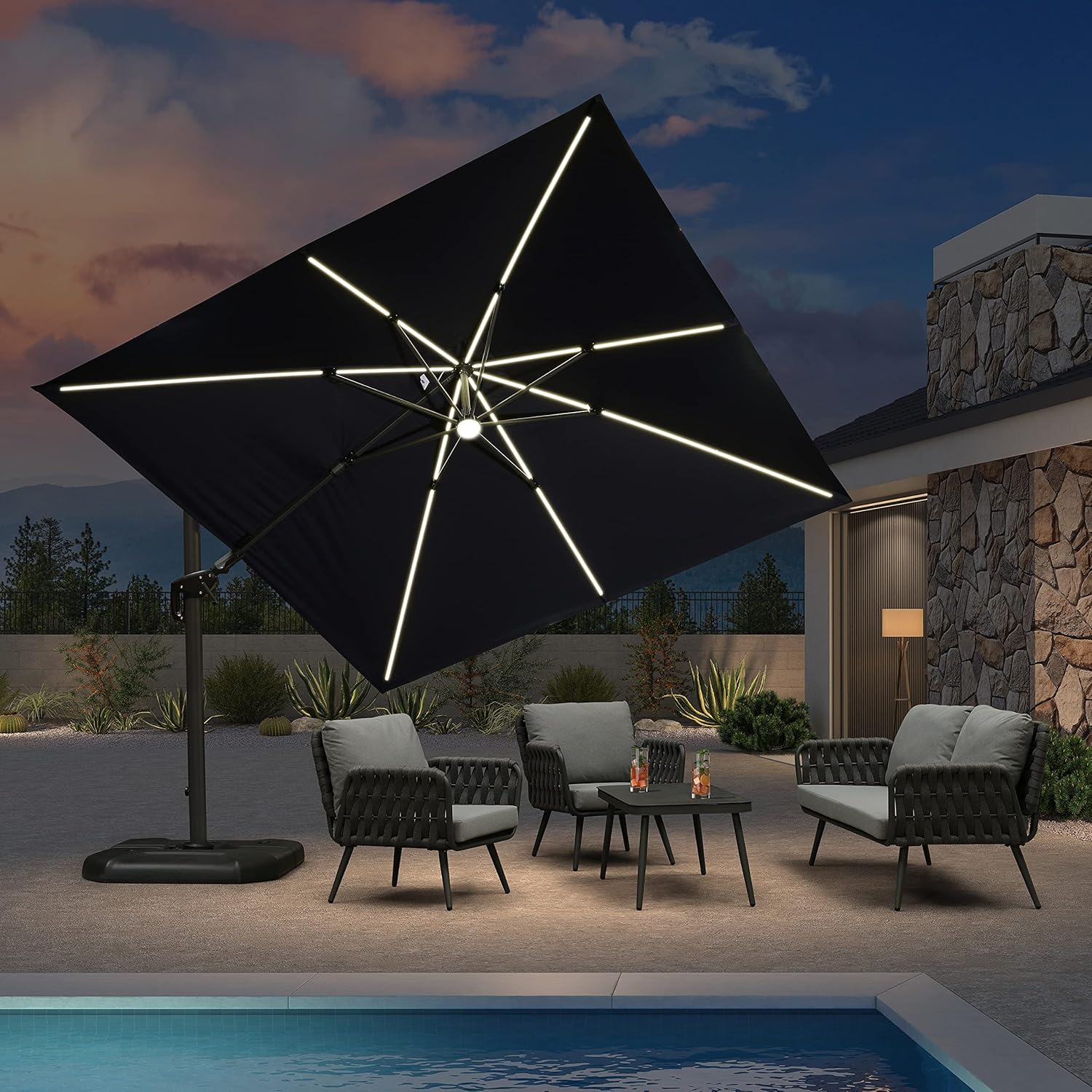 PURPLE LEAF LS04XHSXT10-NB-NEW 10-ft Aluminum Navy Crank Cantilever Patio Umbrella with Lights and
