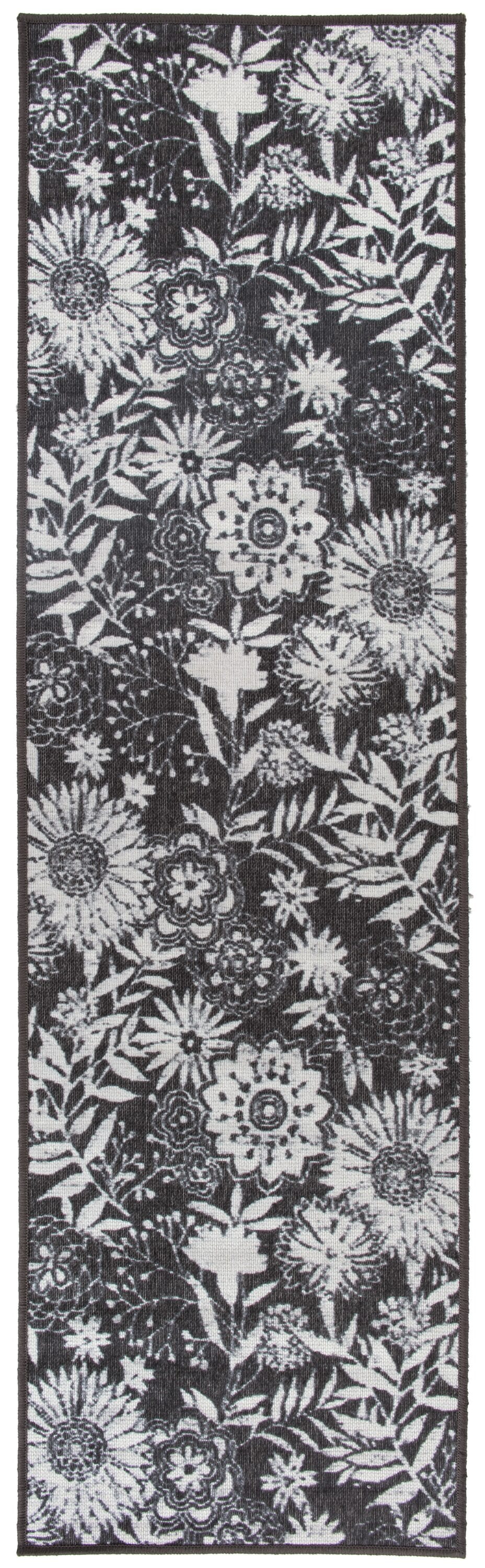 Gray Floral Flat Woven Reversible Indoor/Outdoor Rug