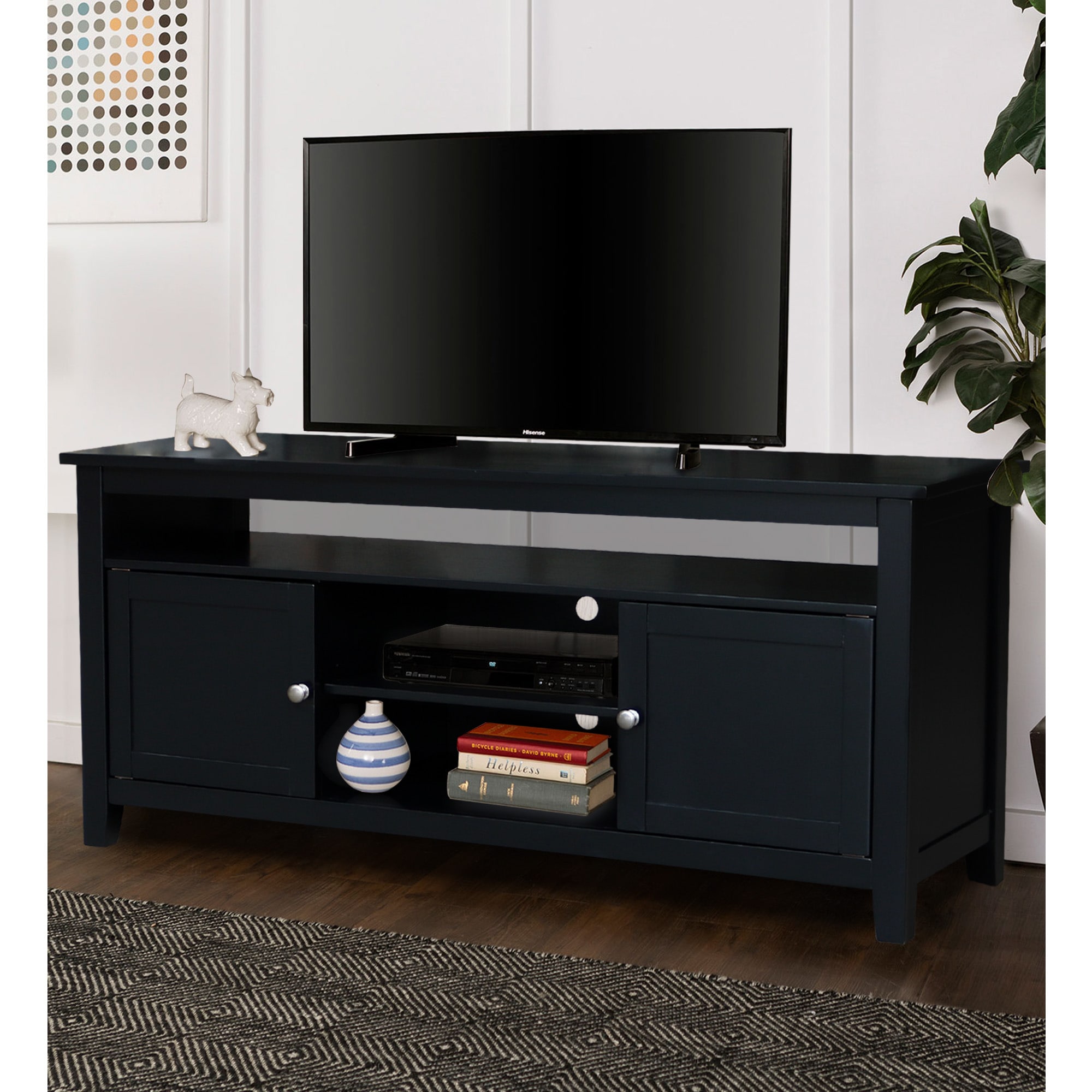 Black Solid Wood TV Stand with Cabinets and Shelves