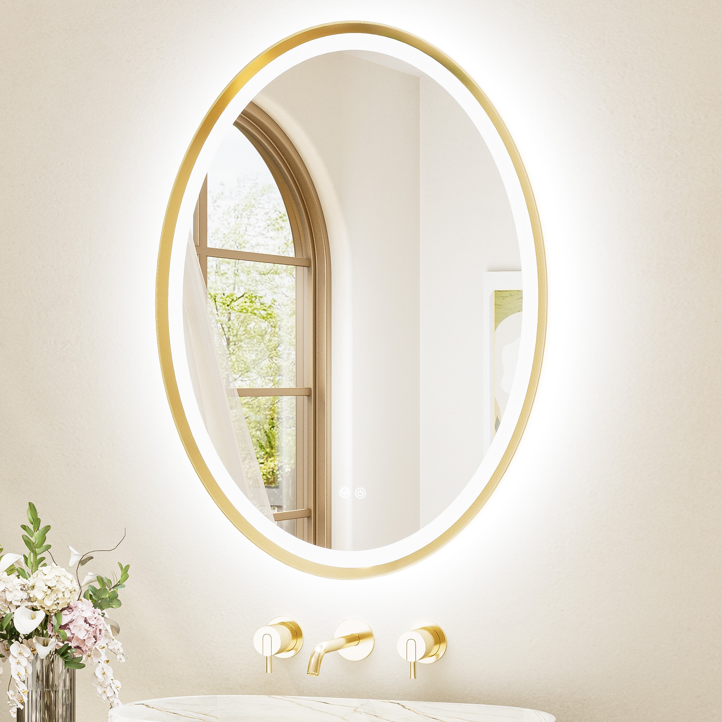 TETOTE 24x32 Inch Brushed Gold Oval Framed Wall LED Bathroom Vanity Mirror with Frontlit and Backlit