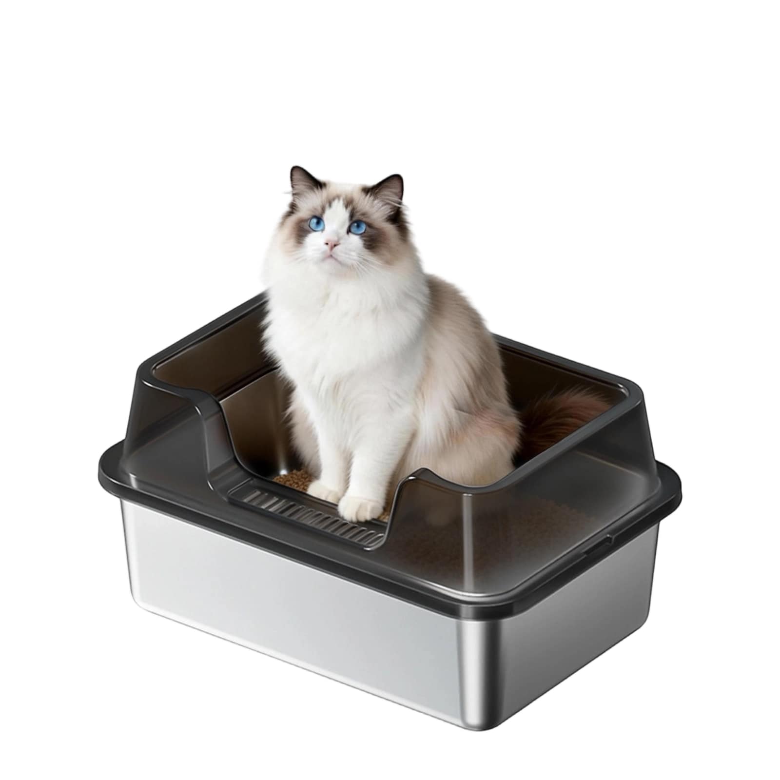 GarveeLife Semi Enclosed Stainless Steel Litter Box For Large Cats High Wall Urine Leakproof Anti Scratch Easy Clean Grid Design Reduce Scatter With Litter Scoop White