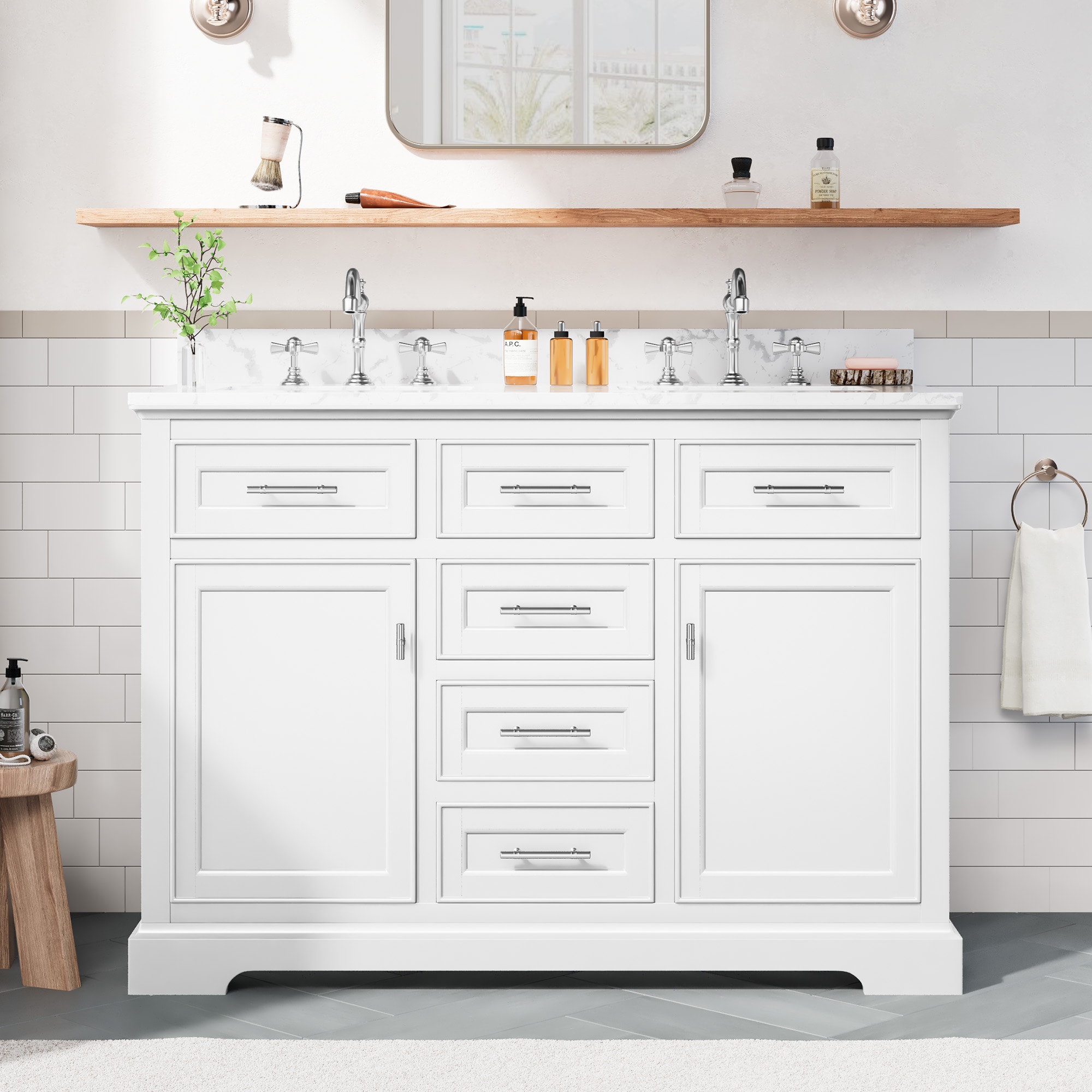 VOUA SAF-QEXYX-BE 48-in White Double sink Bathroom Vanity with White Ceramic Top