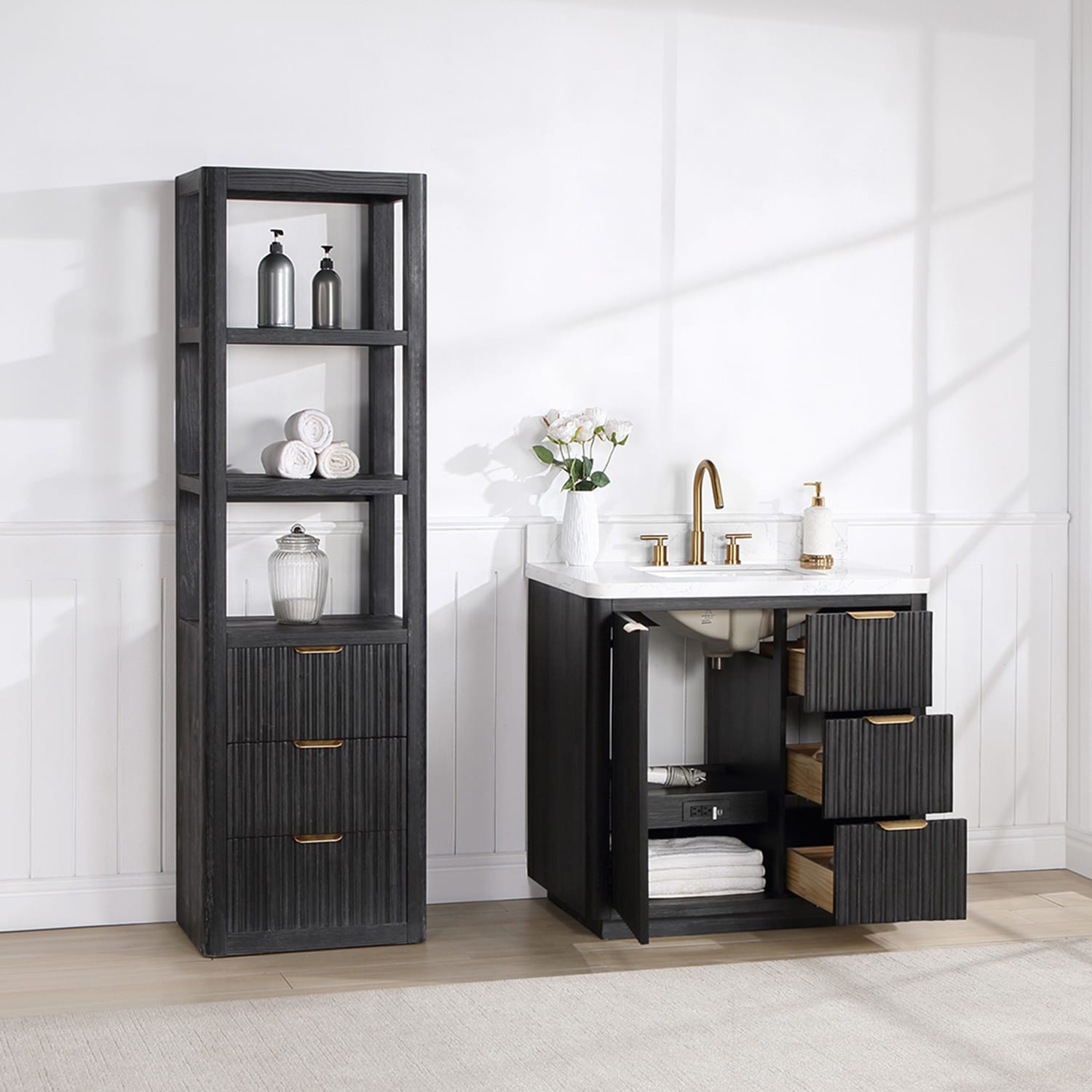 Cadiz 36-inch Black Oak Single Sink Vanity with White Engineered Stone Top