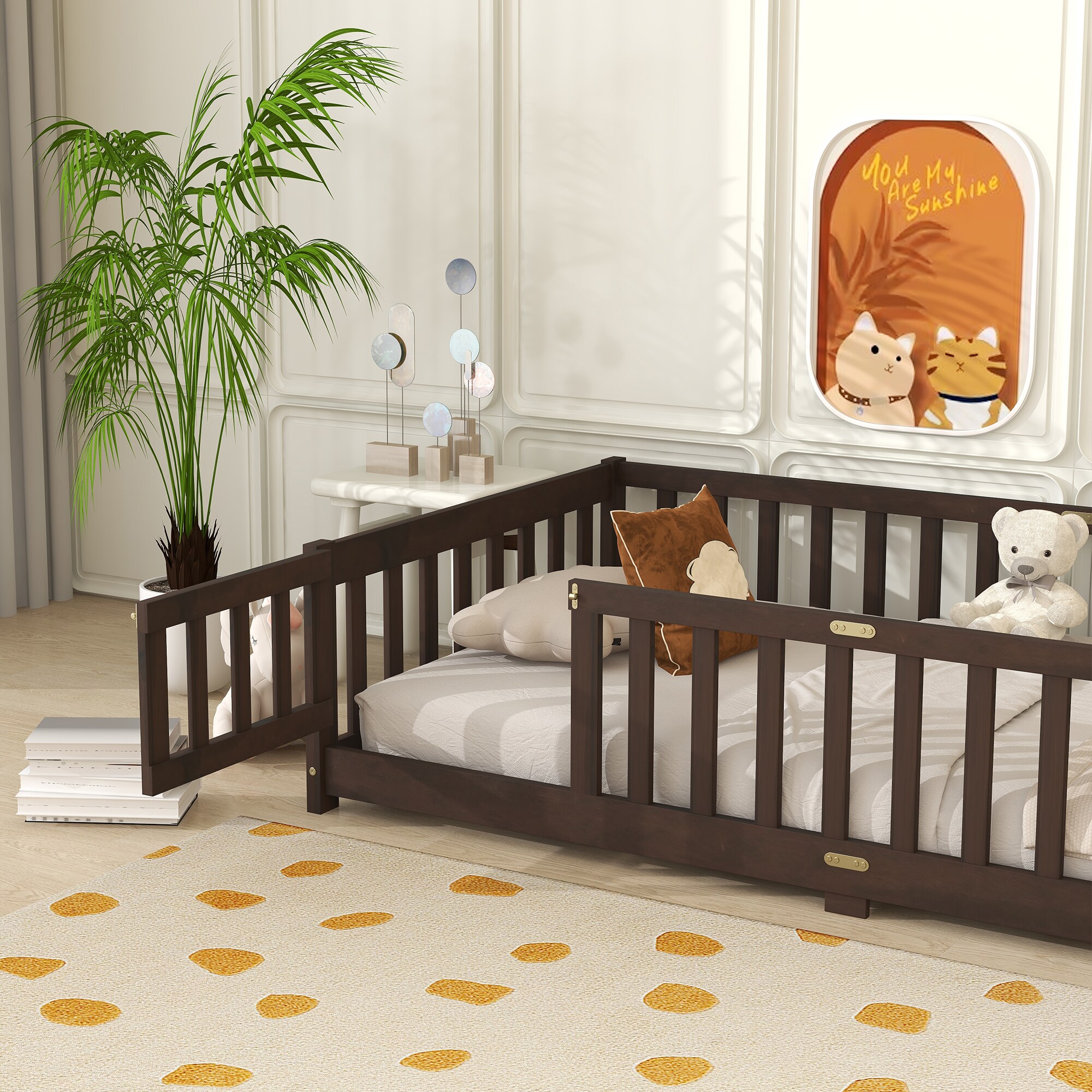 CHITA Twin Espresso Floor Bed Frame with Guardrails and Entry Gate and ...