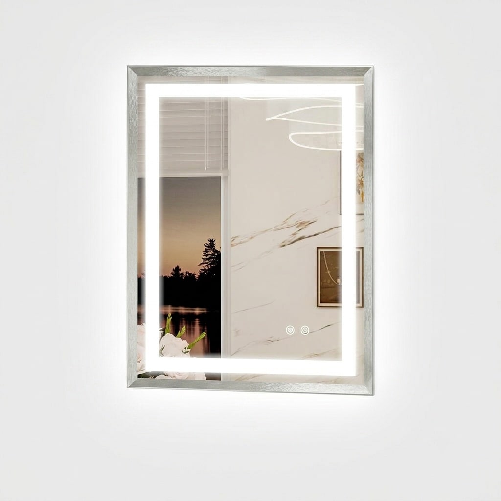 Aoibox  22 in W x 30 in H Rectangle LED Lighted Framed Wall Mirror in Brushed Nickel Frontlit Backlit Bathroom Vanity Mirror