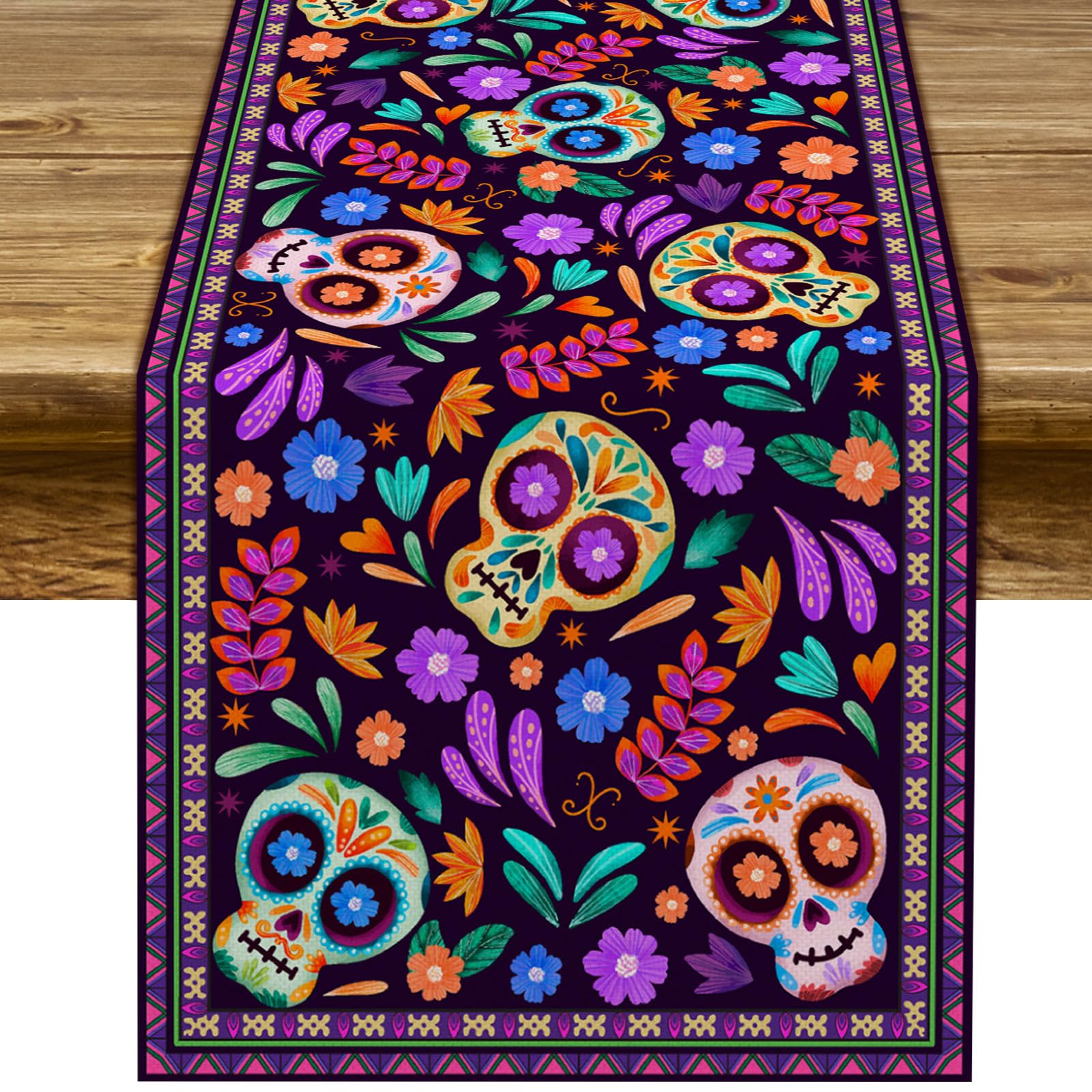 Phewnyzo  Dia De Los Muertos Table Runner Rustic Linen Mexican Sugar Skull Day of The Dead Altar Decoration for Home Kitchen Dining Room 13 by 72