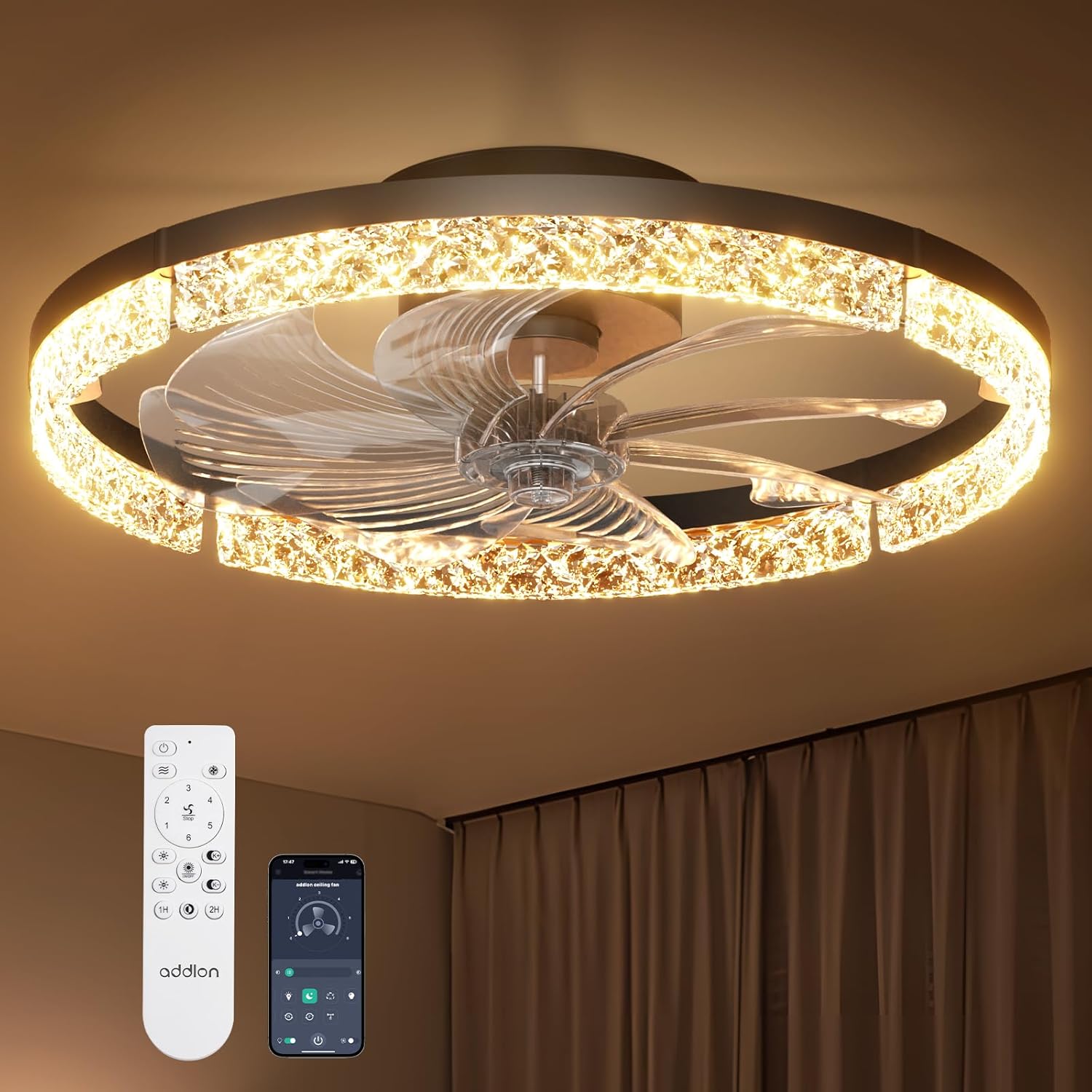 Amico  20 in Ceiling Fan with Light Black Bladeless Low Profile Flush Mount Dimmable LED Remote Control Quiet Reversible Indoor Ceiling Fan