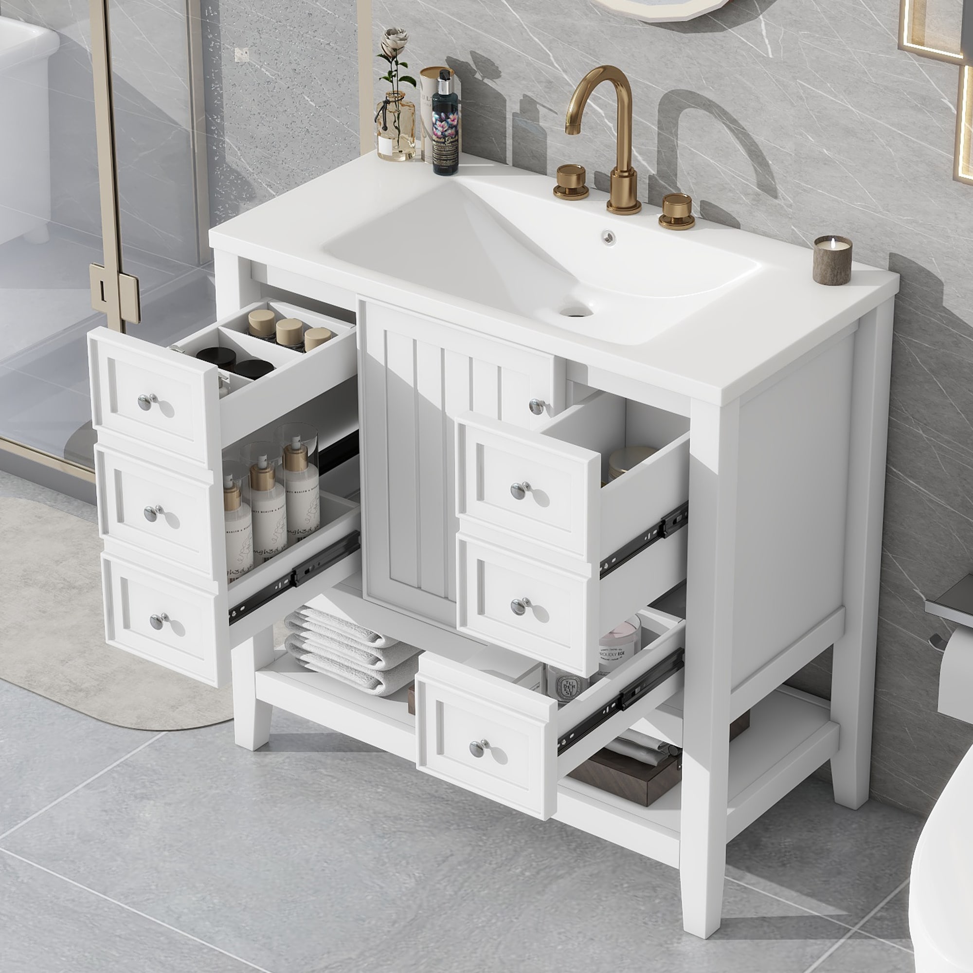 ModernLuxe L3P-N725P246500K 36inch Bathroom Vanity with Sink One Cabinet and Three Drawers Solid Wood and MDF Board White
