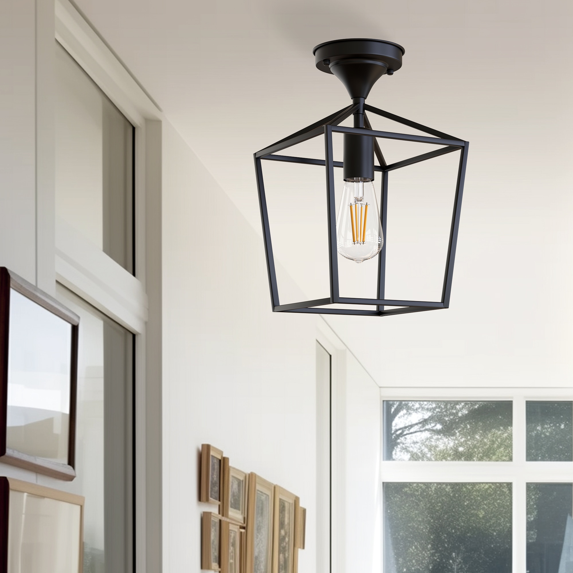 YANSUN L-MJ0038301 1 -Light 7-in Matte Black Semi Flush Mount Light