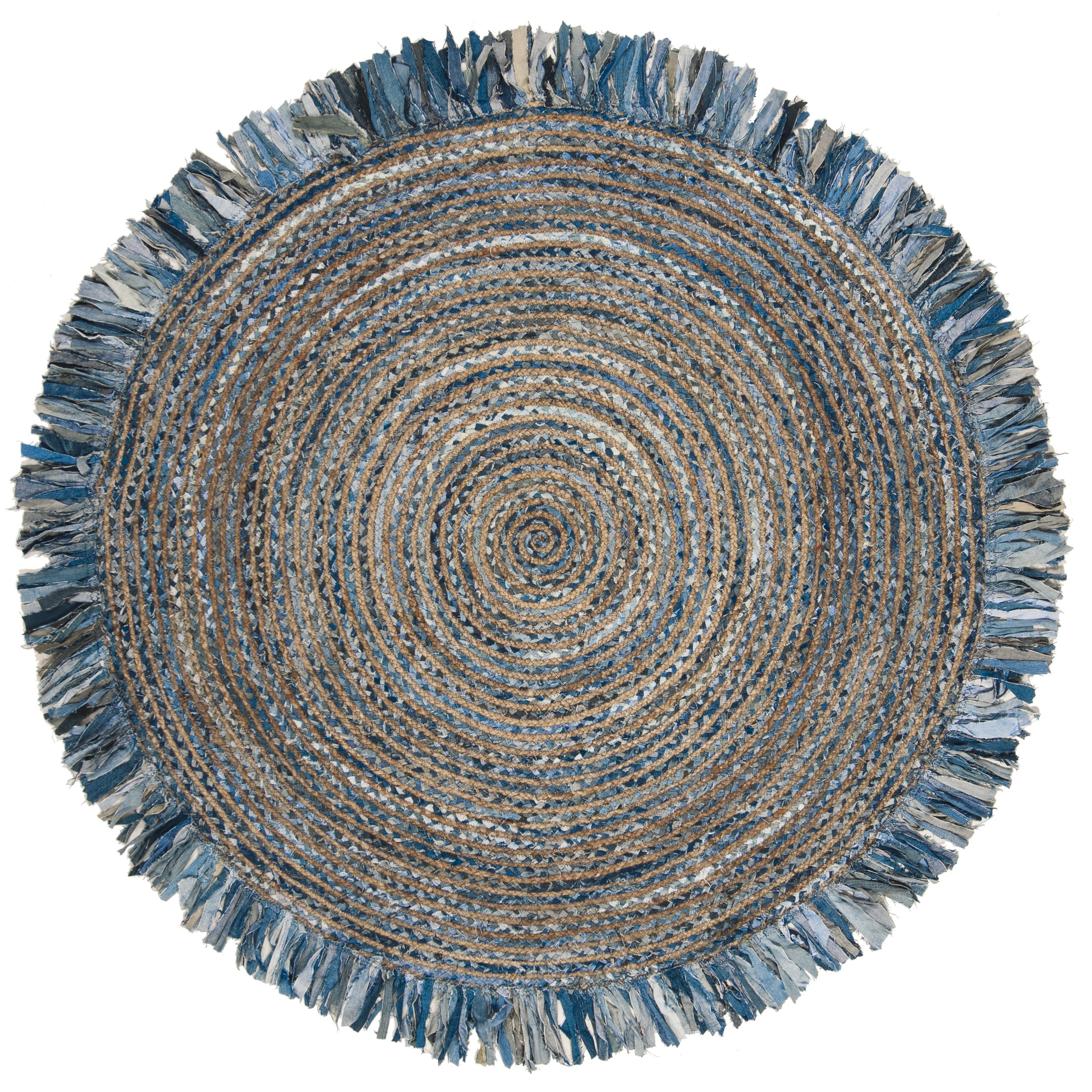 Ivory and Denim 7' Round Handwoven Boho Jute & Cotton Rug