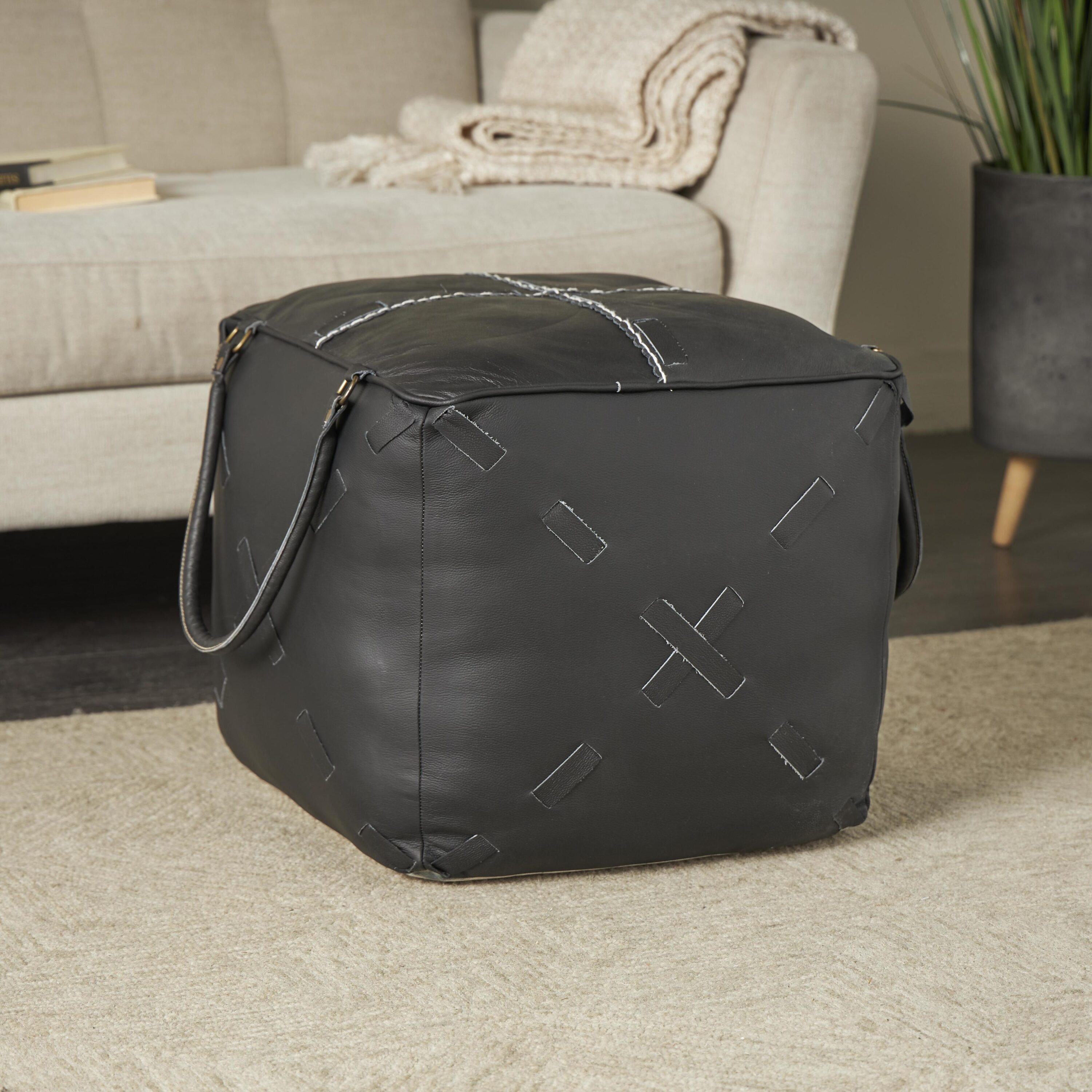 Grayson Lane 821448 Modern Black with Woven Straps Genuine Leather Ottoman