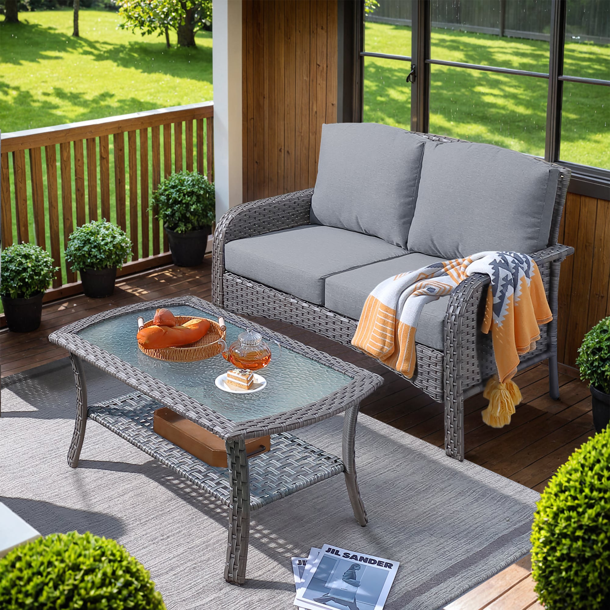 Pouuin SDNG2-2 2 -Piece Wicker Patio Conversation Set with Dark Gray Cushions
