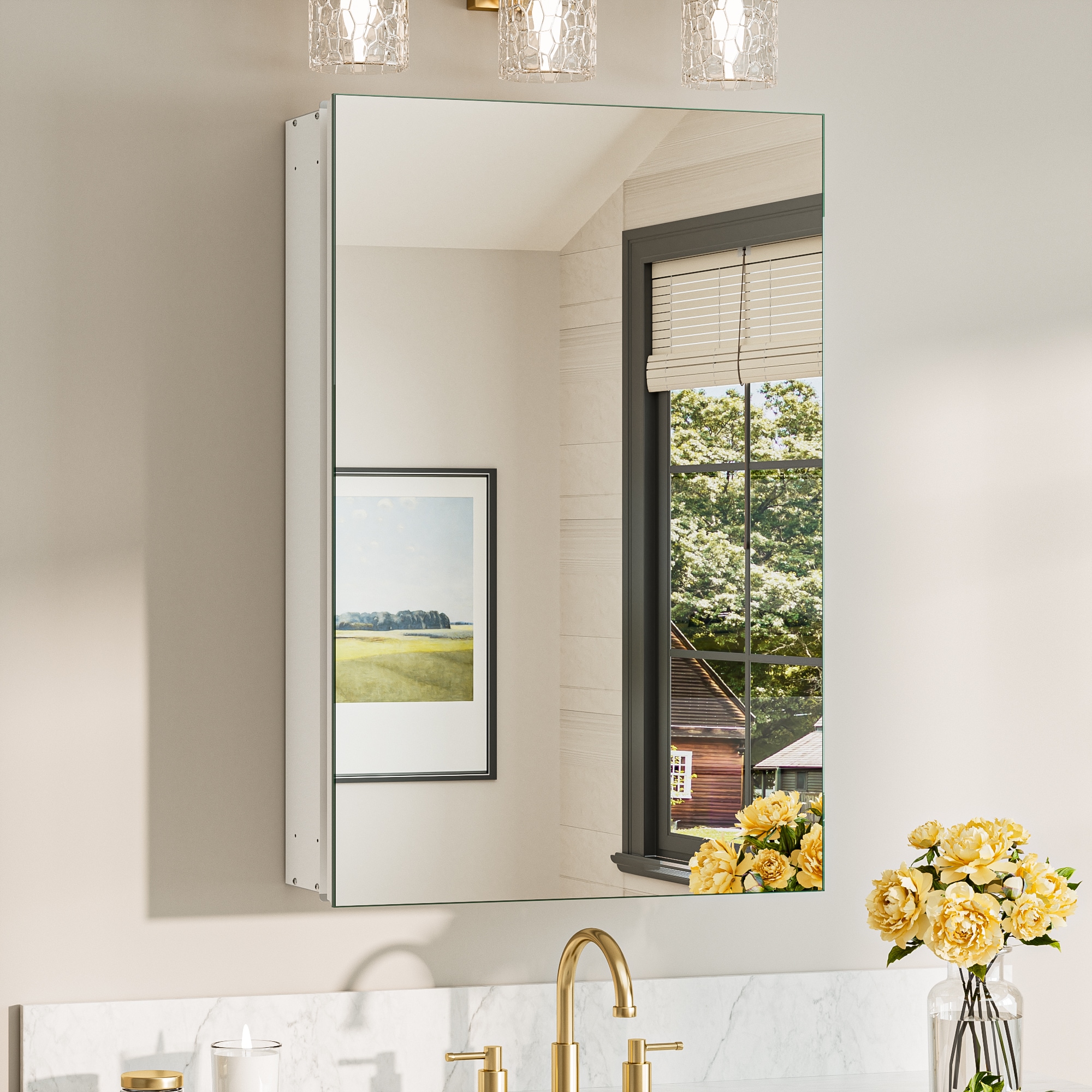 TETOTE 20 x 32 in White Frameless Surface/Recessed Aluminum Mirrored Rectangle Medicine Cabinet With Adjustable Shelves #LSC-TE-2032WH-M11