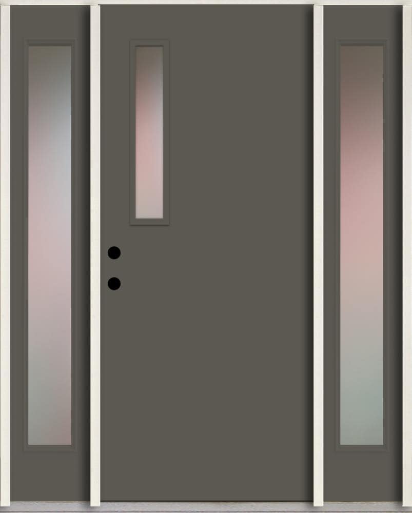 RELIABILT LO1063461 Spotlights 60-in x 80-in x 4-5/8-in Fiberglass 1/4 lite Right-hand inswing Thunder Gray Paint Painted Prehung Front Door with Sidelights Insulating core