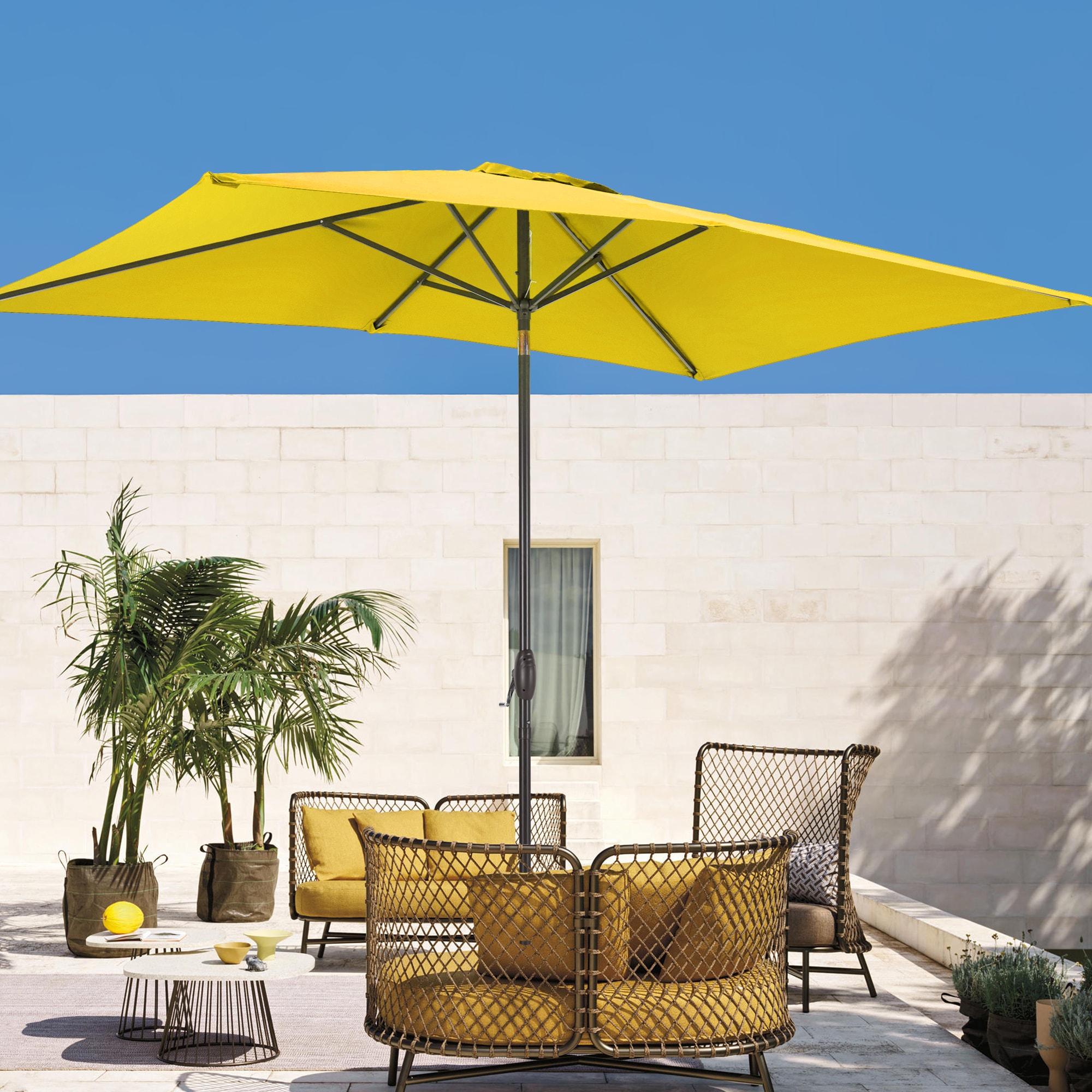 Sonkuki 9-ft Steel Yellow Push-button Tilt Market Patio Umbrella in the ...